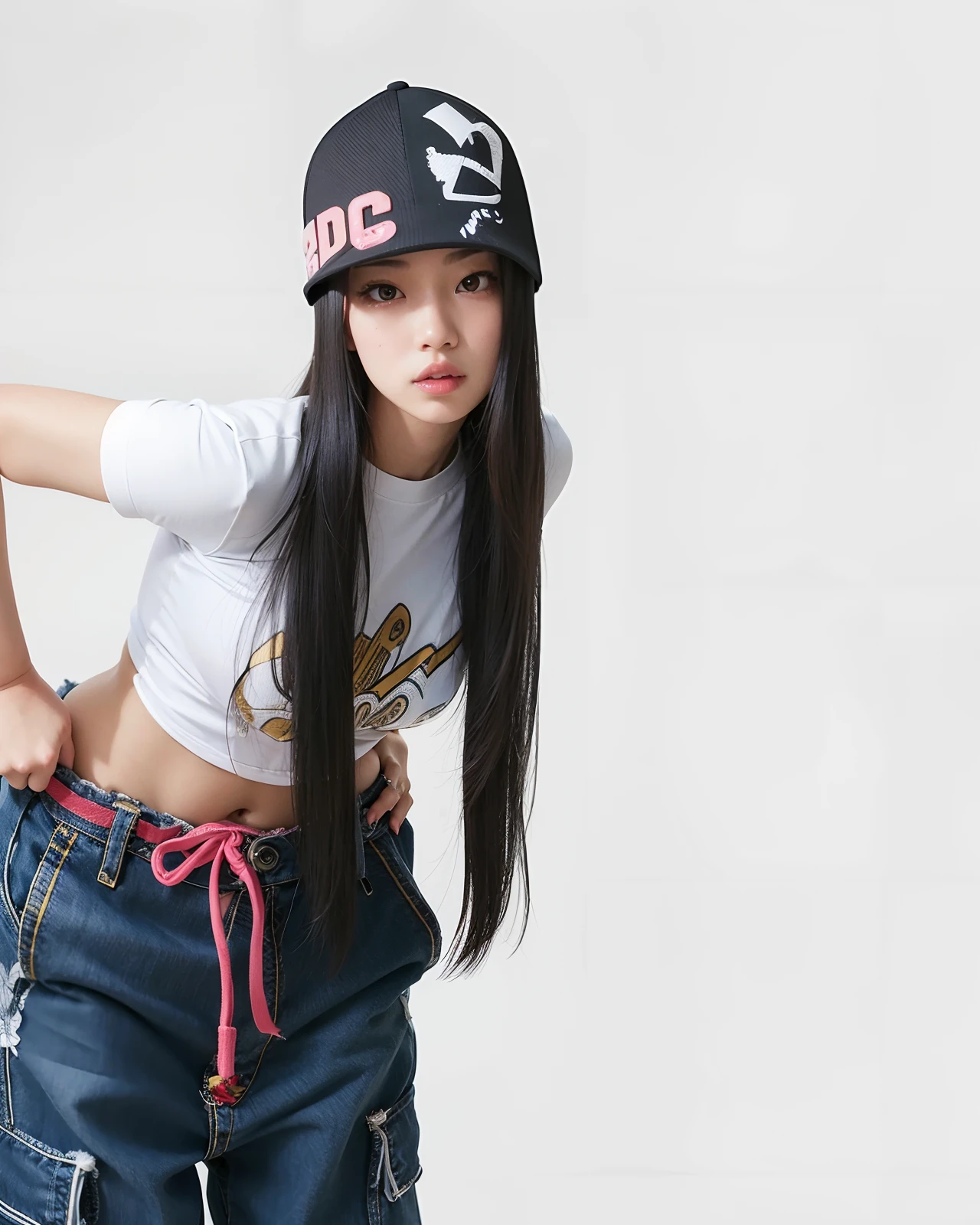 Asian woman in white shirt and jeans posing for a photo, jennie blackpink, she is wearing streetwear, jossi do blackpink, Parque Roseanne do Blackpink, mulher no streetwear, japanese streetwear, foto de modelo de menina slim, estilo hip hop, y estilo 2k, estilo y2k, com cabelos longos, Asian girl with long hair