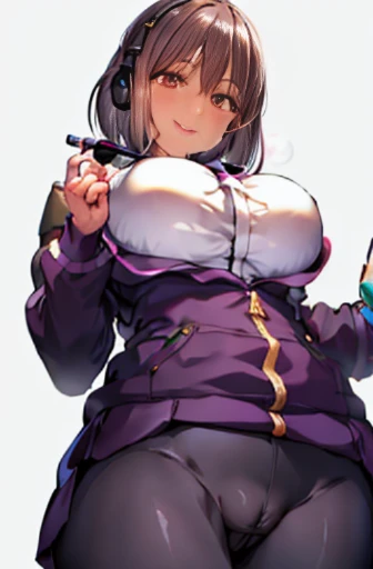 Best Quality, masutepiece, hight resolution, 1girl in, 茜S, (A dark-haired:1.4), Brown eyes, Black jacket, headphones, teepee, Naughty face, Smile, cowboy shot, large full breasts