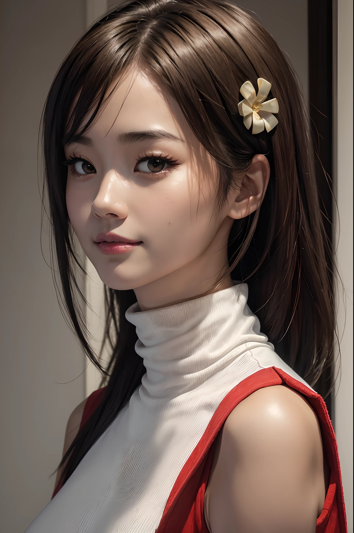 8K、ultra-high-resolution、Top image quality、masutepiece:1.2、RAW portrait of japanese girl、超A high resolution、top-quality、 (爆乳、:1.4)、{Hide all your breasts}{(Off-white long tight skirt):1.6}、(Wearing a red sleeveless turtleneck:1.5)、(Inseam opening:1.5)、(fitting room:1.2) BREAK(natural skin textures、Detailed skin、Hyper-Realism、ultra sharpness)、intricate detailes、depth of fields、Sexy adult woman、Black hair shortcuts、toned buttocks、((masterpiece、top-quality、High Detail))、(photoRealstic:1.4)、独奏、Close your mouth、smiling with pleasure、big eye、pronounced double eyelids、Lashes、the neck is long、Absolute area、Clean clavicle、The face is perfect、thin lipss、a small face、(Gaze towards the viewer、Highlights in the eyes、bright brown eyes、lipgloss)、