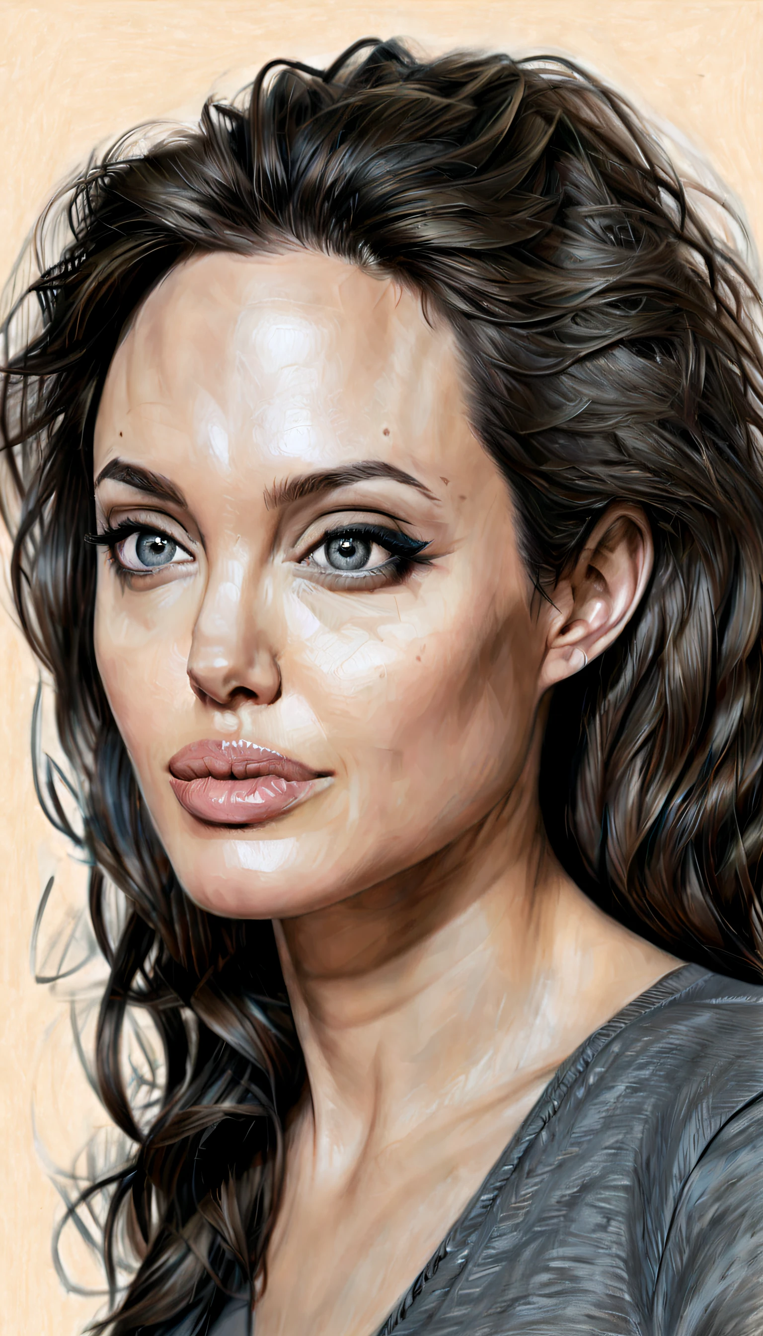 AngelinaJolie,sketching on ivory paper with charcoal pencil, in the style of realistic hyper-detailed portraits, digital airbrushing, commission for, i can't believe how beautiful this is --ar 55:64 --s 750 --niji 5