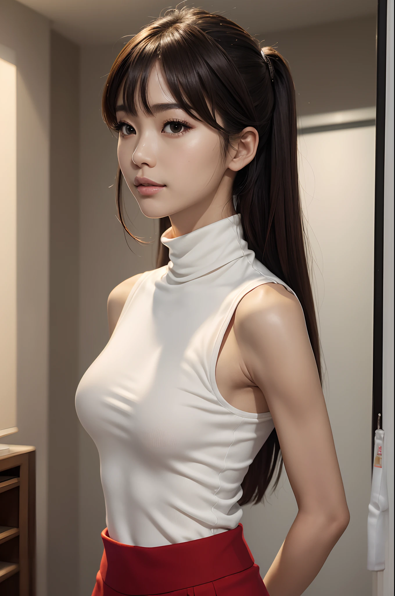 8K、ultra-high-resolution、Top image quality、masutepiece:1.2、RAW portrait of japanese girl、超A high resolution、top-quality、 (爆乳、:1.4)、(Off-white long tight skirt):1.6}、(Sexy red sleeveless turtleneck wearing:1.5)、(Inseam opening:1.5)、(fitting room:1.2) BREAK(natural skin textures、Detailed skin、Hyper-Realism、ultra sharpness)、intricate detailes、depth of fields、Sexy adult woman、Black hair shortcuts、toned buttocks、((masterpiece、top-quality、High Detail))、(photoRealstic:1.4)、独奏、Close your mouth、smiling with pleasure、big eye、pronounced double eyelids、Lashes、the neck is long、Absolute area、Clean clavicle、The face is perfect、thin lipss、a small face、(Gaze towards the viewer、Highlights in the eyes、bright brown eyes、lipgloss)、enticing,sexy pose,