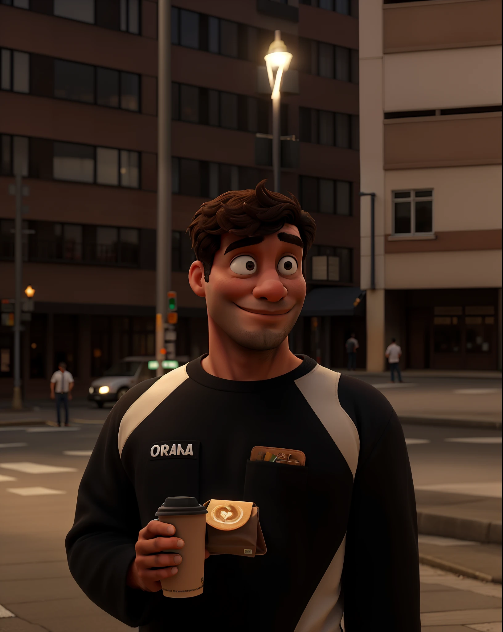 Obra-prima, de melhor qualidade, Man standing holding coffee in the middle of the sidewalk on the street