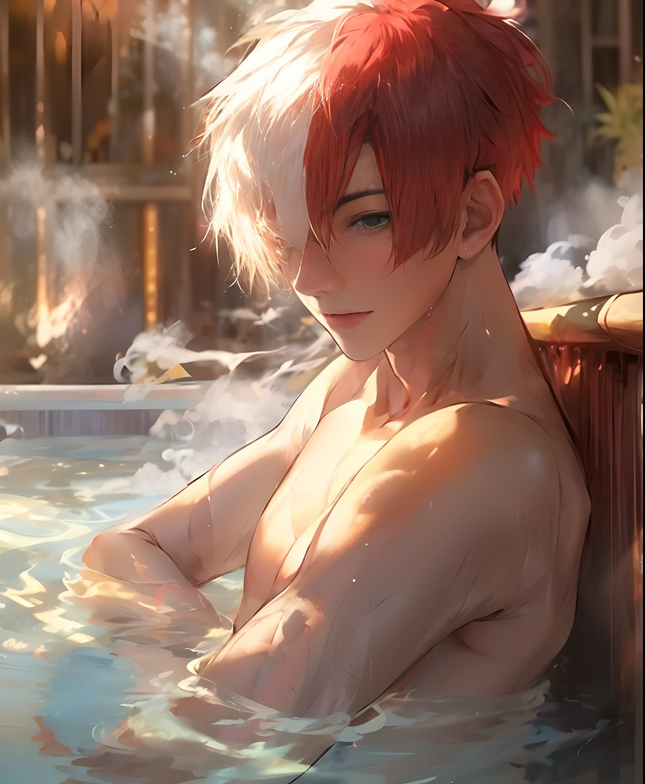 anime boy in hot tub with red hair and blue eyes, orange - haired anime boy, male anime character, makoto kano, hot with shining sun, handsome anime pose, anime boy, young anime man, top rated on pixiv, guweiz, male anime style, ( ( ( yoshinari yoh ) ) ), relaxing,8k realistic anime version, highly defined realistic anime version.3d anime style