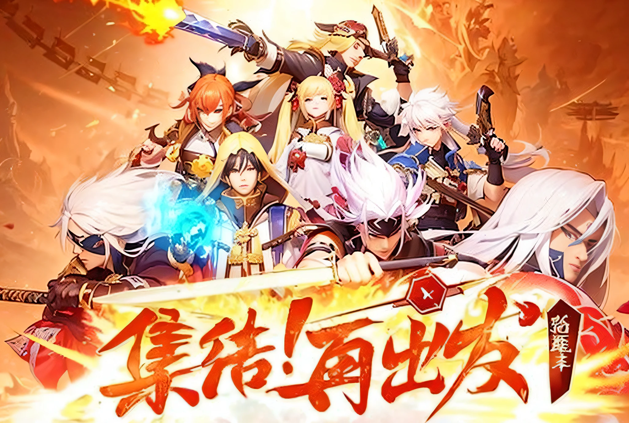 A group of men with swords and fire in front of the fire, onmyoji, Blade and soul, The cover of the game, Onmyoji detailed art, xianxia hero, Chiba Yuda, mobile game style, mobile game, kanliu666, action rpg video game, key art, action game