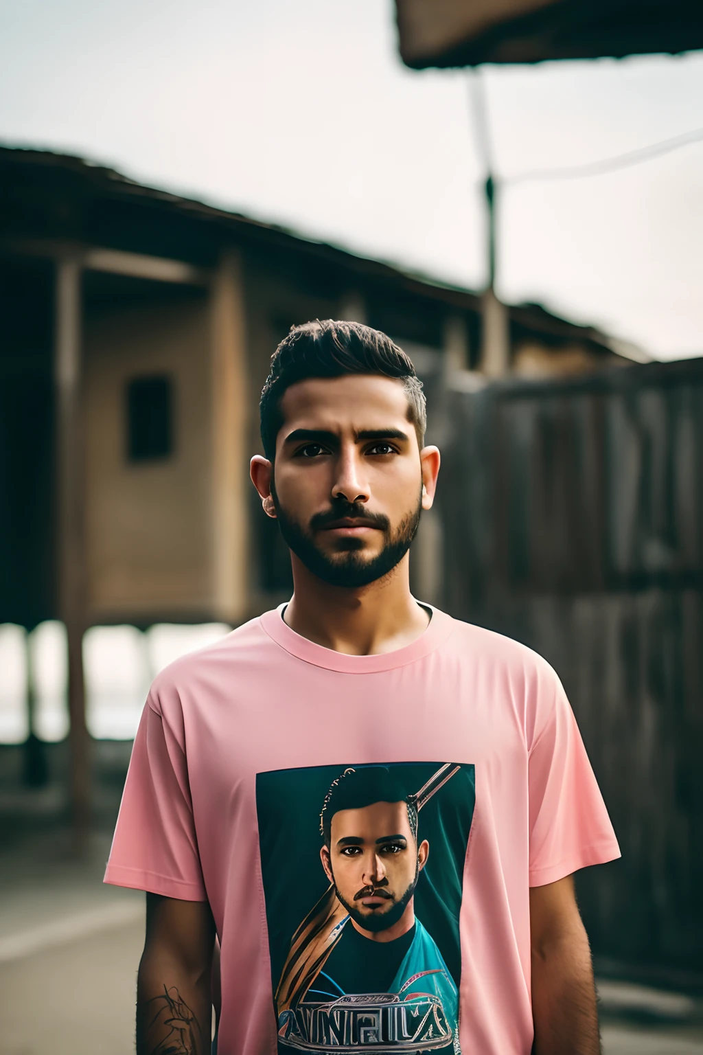 Um close-up de um adolescente moreno, cabelo ondulado grande, Contemporary clothing, fundo de uma cidade suburbio, bermuda jinx, olhos profundos, barba a raspada, camiseta sem manga apertada. 8k, uhd, severe low lighting, alta qualidade, foco nitido, fujifilm XT3