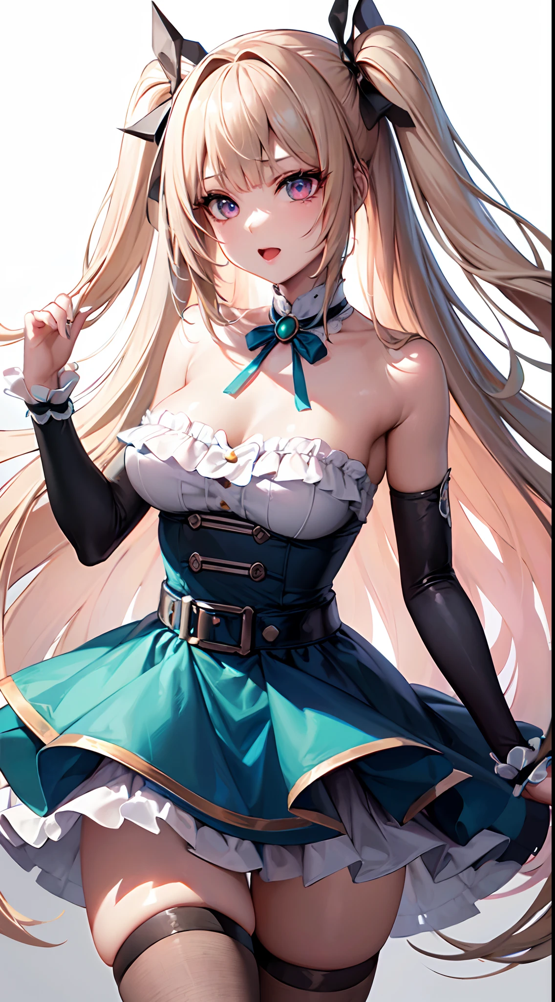 ((Best Quality)), (ultra-detailliert), ((Extremely detailed)), (Beautiful), ((Kawaii Girl)), ((UHD)), (masterpiece), (high quality), (best quality), (4K), (high quality), 1, solo girl, 1girl, (platinum blond hair), parted bangs, (hair intakes), long hair, (hair two side up long), ((jade colored eyes)), slanted eyes, medium breasts, slender body, halterneck frilled mini dress, blue dress, belt, whitethighhighs, holding microphone, on live stage, anime, ;D