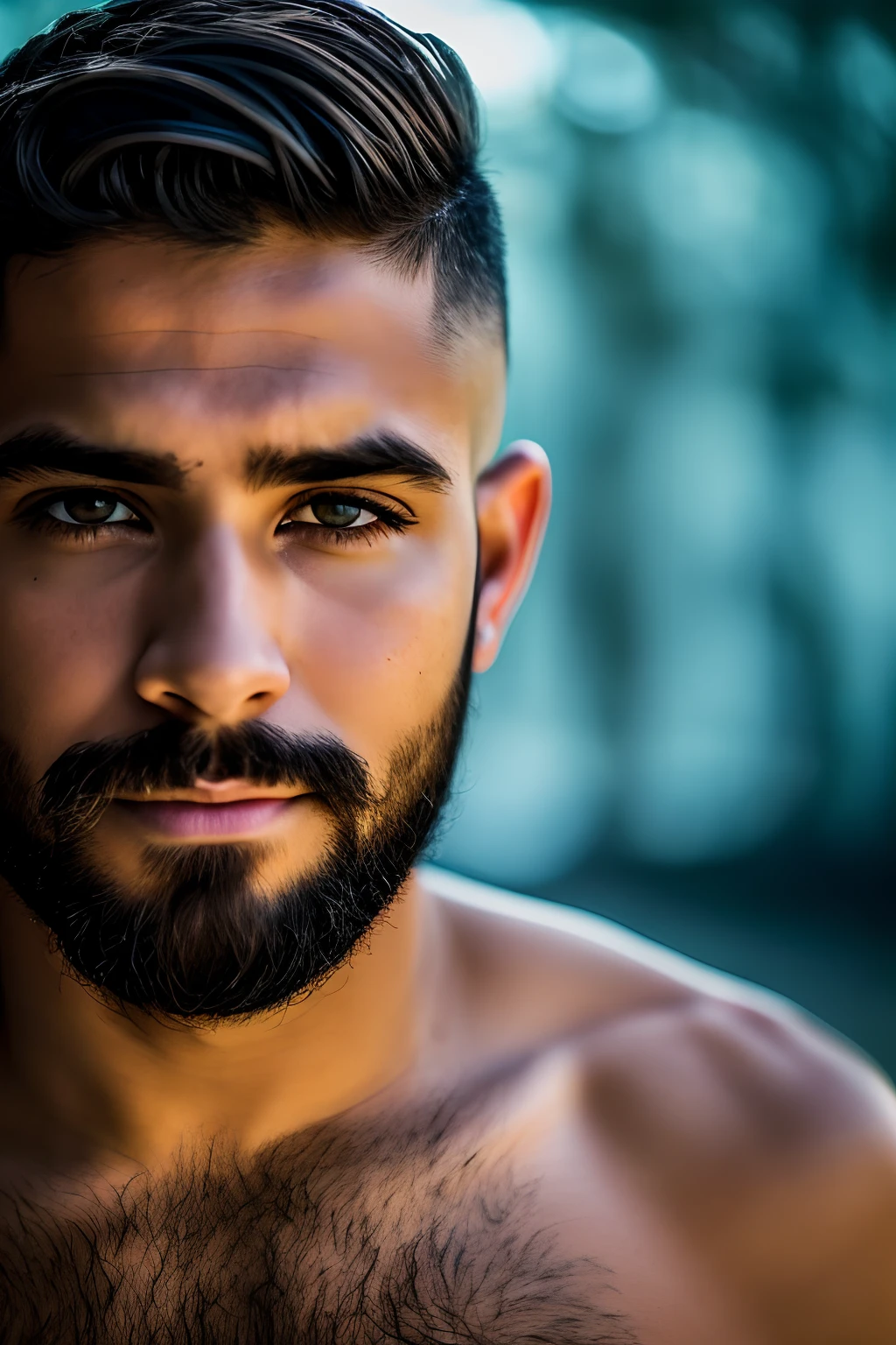 Um close-up de um adolescente moreno, cabelo ondulado grande, Contemporary clothing, fundo de uma cidade suburbio, bermuda jinx, olhos profundos, barba a raspada, camiseta sem manga apertada. 8k, uhd, severe low lighting, alta qualidade, foco nitido, fujifilm XT3