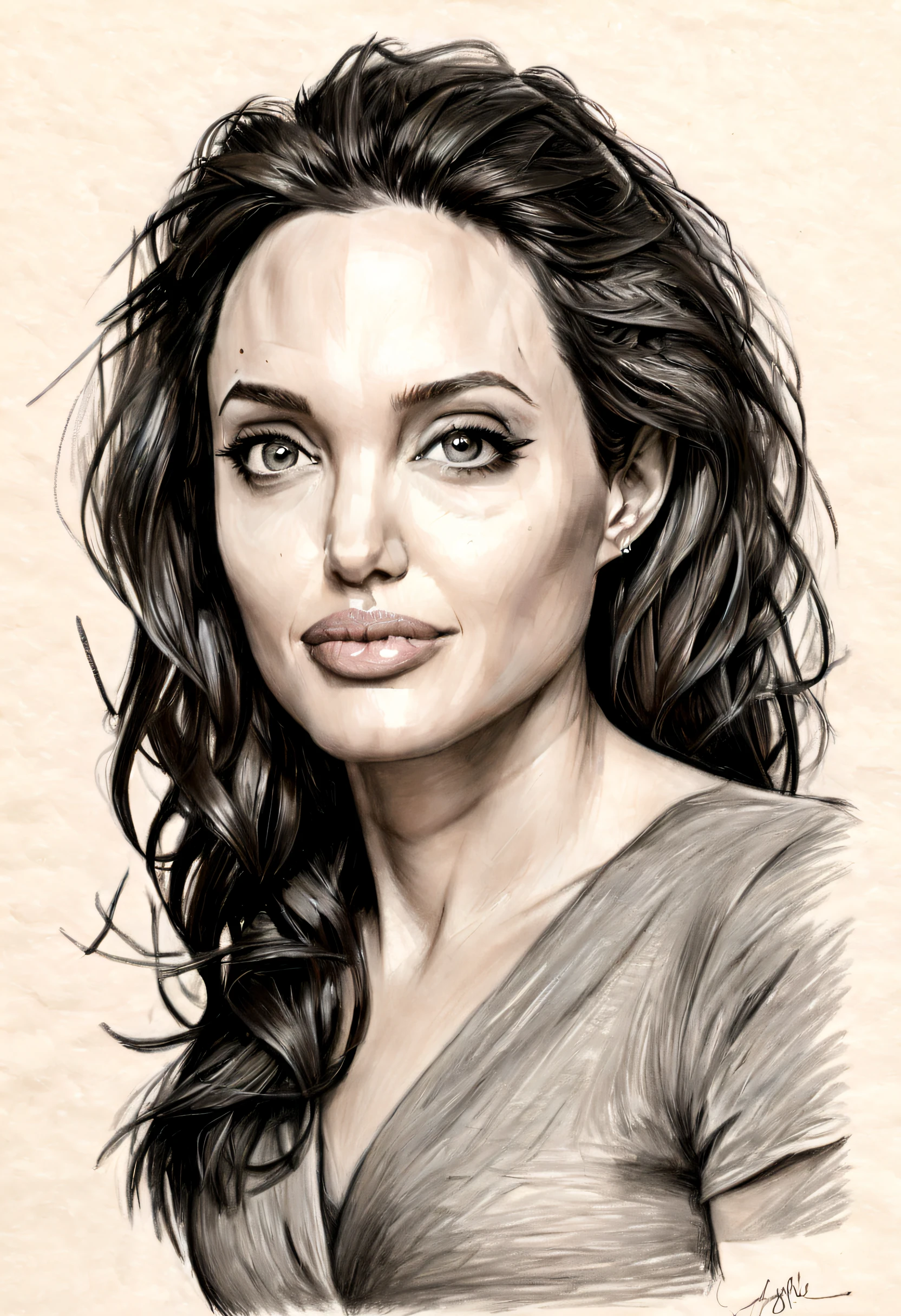 AngelinaJolie,sketching on ivory paper with charcoal pencil,