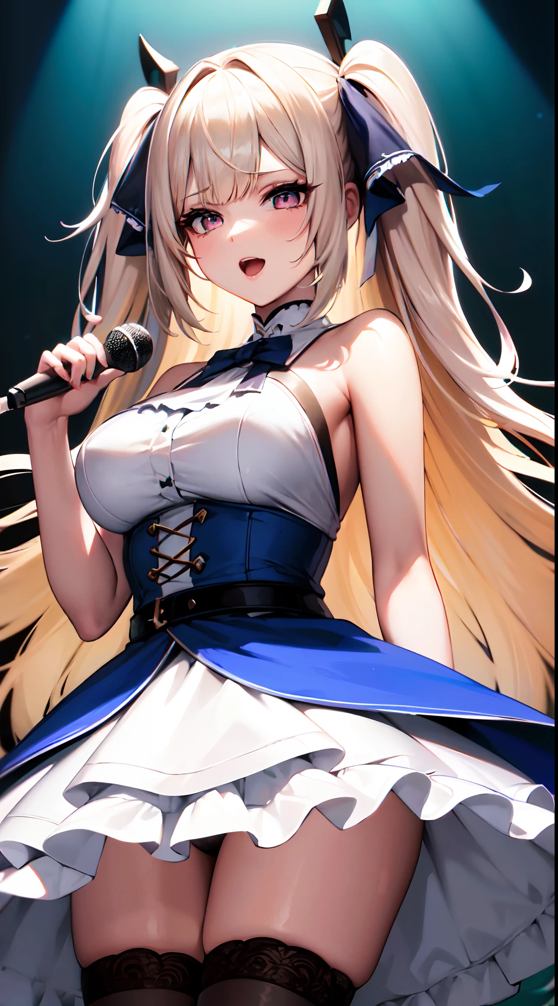 ((Best Quality)), (ultra-detailliert), ((Extremely detailed)), (Beautiful), ((Kawaii Girl)), ((UHD)), (masterpiece), (high quality), (best quality), (4K), (high quality), 1, solo girl, 1girl, (platinum blond hair), parted bangs, (hair intakes), long hair, (hair two side up long), ((jade colored eyes)), slanted eyes, medium breasts, slender body, halterneck frilled mini dress, blue dress, belt, whitethighhighs, holding microphone, on live stage, anime, ;D