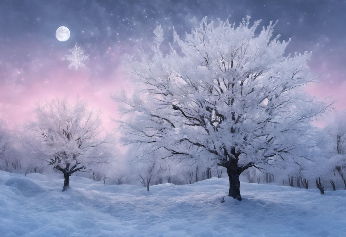 Arte conceitual de inverno, Snow and ice forest,Each branch is covered with sparkling ice crystals,They resemble countless diamonds,Shine brightly,The branches of the trees seem to be embedded in the snow and ice,A forest of ice and snow was formed, These ice crystals are exposed to moonlight,glittery,It was as if all the stars in the sky had fallen to the earth,Ice Mage, 4K fantasy art, 4K detailed digital art, ·, 4k highly detailed digital art, artgerm detailed,Moon Night,dyna,lute,hdr,hyperrealistic fantasy art,Epic digital fantasy art style,Beautiful dream art, Fairy tale digital art illustration,Romantic digital painting, In front of a landscape of snow-capped magical pine trees and ice flowers, Dream digital art, A dream-like transparent ethereal enchanted forest