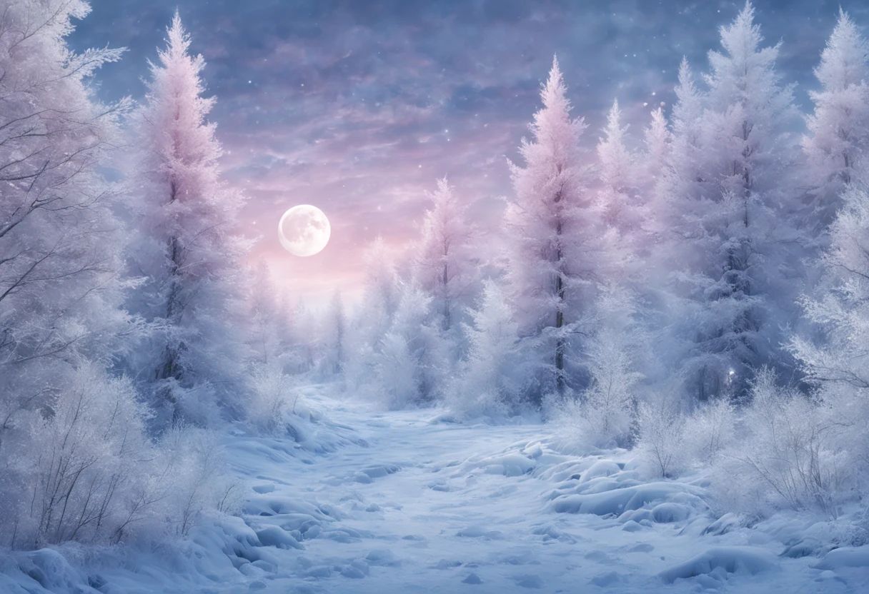 Arte conceitual de inverno, Snow and ice forest,Each branch is covered with sparkling ice crystals,They resemble countless diamonds,Shine brightly,The branches of the trees seem to be embedded in the snow and ice,A forest of ice and snow was formed, These ice crystals are exposed to moonlight,glittery,It was as if all the stars in the sky had fallen to the earth,Ice Mage, 4K fantasy art, 4K detailed digital art, ·, 4k highly detailed digital art, artgerm detailed,Moon Night,dyna,lute,hdr,hyperrealistic fantasy art,Epic digital fantasy art style,Beautiful dream art, Fairy tale digital art illustration,Romantic digital painting, In front of a landscape of snow-capped magical pine trees and ice flowers, Dream digital art, A dream-like transparent ethereal enchanted forest