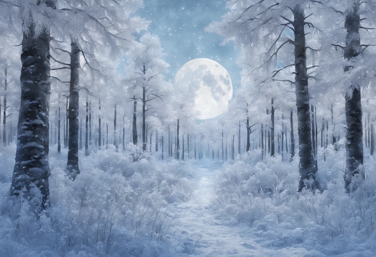 Arte conceitual de inverno, Snow and ice forest,Each branch is covered with sparkling ice crystals,They resemble countless diamonds,Shine brightly,The branches of the trees seem to be embedded in the snow and ice,A forest of ice and snow was formed, These ice crystals are exposed to moonlight,glittery,It was as if all the stars in the sky had fallen to the earth,Ice Mage, 4K fantasy art, 4K detailed digital art, ·, 4k highly detailed digital art, artgerm detailed,Moon Night,dyna,lute,hdr,hyperrealistic fantasy art,Epic digital fantasy art style,Beautiful dream art, Fairy tale digital art illustration,Romantic digital painting, In front of a landscape of snow-capped magical pine trees and ice flowers, Dream digital art, A dream-like transparent ethereal enchanted forest