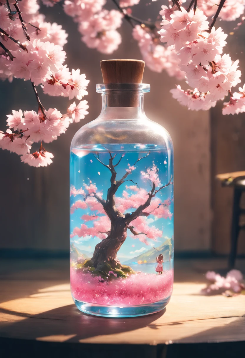 sakura tree in a bottle, fluffy, realistic, atmospheric light refraction, by lee jeffries nikon d850 film stock photograph 4 kodak portra 400 camera f1.6 lens rich colors hyper realistic lifelike texture dramatic lighting unreal engine trending on artstation cinestill 800, Style-Glass