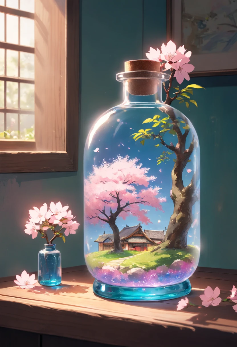 sakura tree in a bottle, fluffy, realistic, atmospheric light refraction, by lee jeffries nikon d850 film stock photograph 4 kodak portra 400 camera f1.6 lens rich colors hyper realistic lifelike texture dramatic lighting unreal engine trending on artstation cinestill 800, Style-Glass