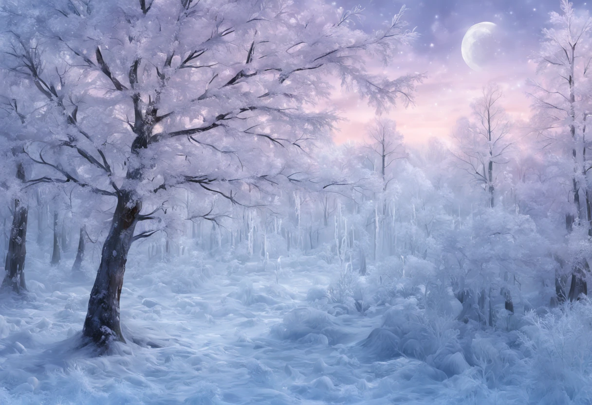 Arte conceitual de inverno, Snow and ice forest,Each branch is covered with sparkling ice crystals,They resemble countless diamonds,Shine brightly,The branches of the trees seem to be embedded in the snow and ice,A forest of ice and snow was formed, These ice crystals are exposed to moonlight,glittery,It was as if all the stars in the sky had fallen to the earth,Ice Mage, 4K fantasy art, 4K detailed digital art, ·, 4k highly detailed digital art, artgerm detailed,Moon Night,dyna,lute,hdr,hyperrealistic fantasy art,Epic digital fantasy art style,Beautiful dream art, Fairy tale digital art illustration,Romantic digital painting, In front of a landscape of snow-capped magical pine trees and ice flowers, Dream digital art, A dream-like transparent ethereal enchanted forest