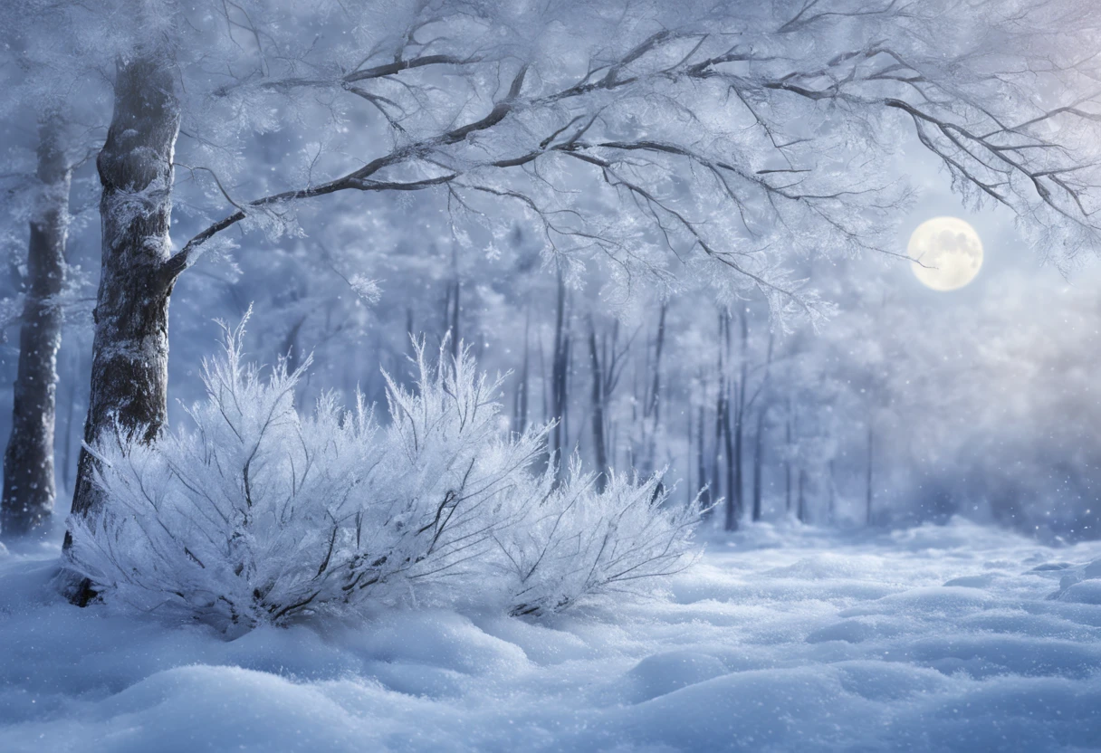 Arte conceitual de inverno, Snow and ice forest，Each branch is covered with sparkling ice crystals，They resemble countless diamonds，Shine brightly，The branches of the trees seem to be embedded in the snow and ice，A forest of ice and snow was formed， These ice crystals are exposed to moonlight，glittery，It was as if all the stars in the sky had fallen to the earth，Ice Mage, 4K fantasy art, 4K detailed digital art, ·, 4k highly detailed digital art, artgerm detailed,Moon Night，dyna，lute，hdr，hyperrealistic fantasy art，Epic digital fantasy art style，Beautiful dream art, Fairy tale digital art illustration,Romantic digital painting, In front of a landscape of snow-capped magical pine trees and ice flowers, Dream digital art, A dream-like transparent ethereal enchanted forest