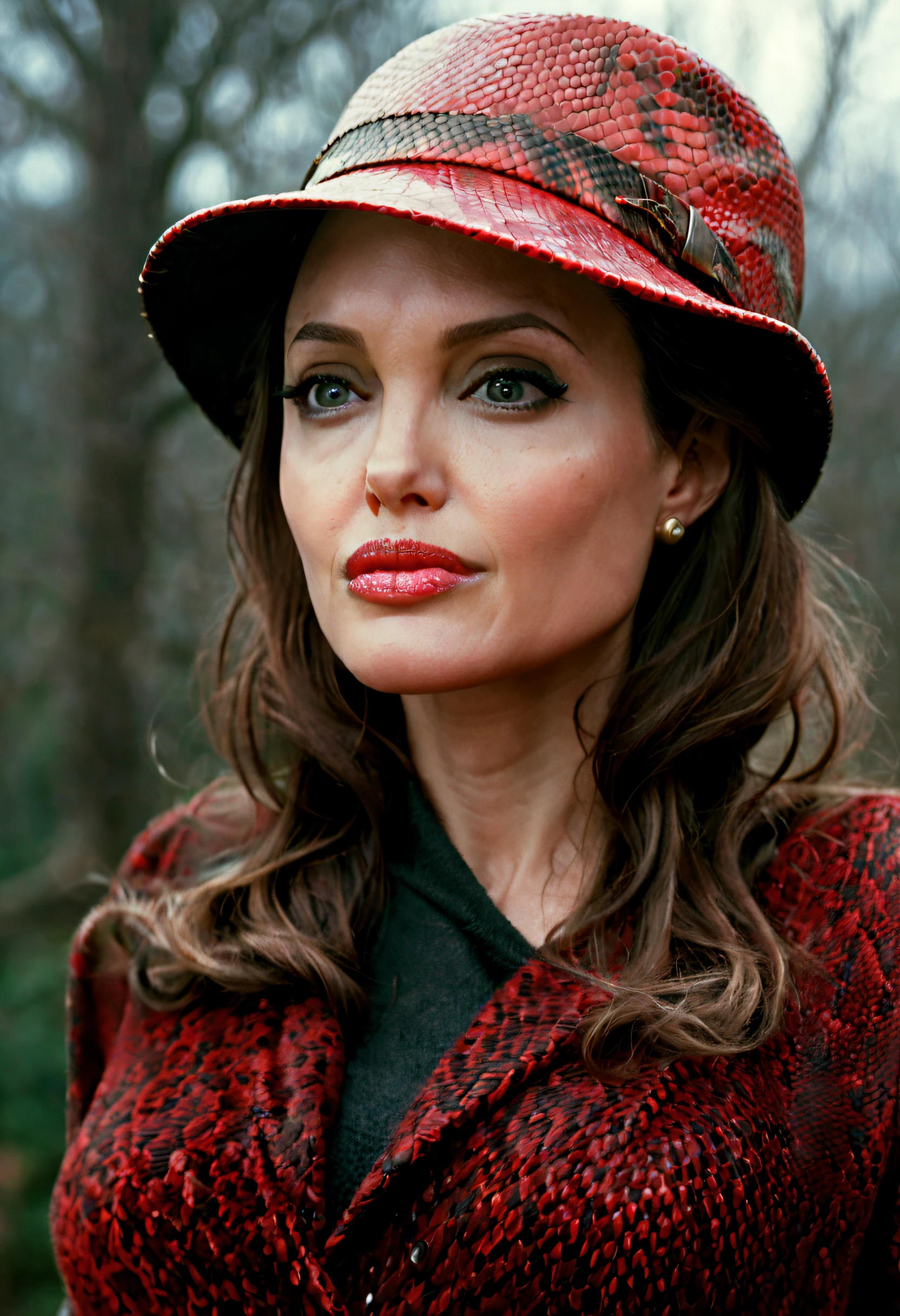 AngelinaJolie, photograph, [Old|Gentle] voluptuous Female of Elements, wearing Average Snakeskin Red Trapper hat, Winter, tilt shift, Movie still, Suffering, moody lighting, Ilford HP5, Depth of field 100mm, art by Giorgio de Chirico,