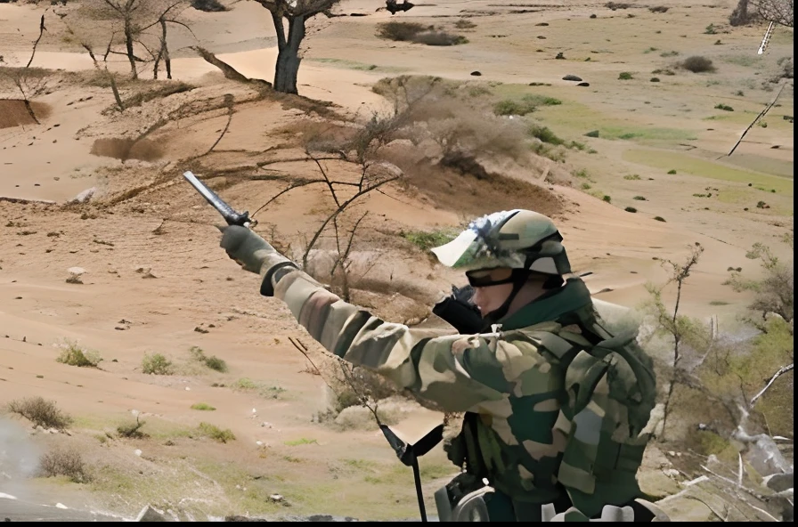 Des rafases en tenue de camouflage pointant du doigt une girafe dans le désert, Norm Rockwell en Afrique, Capture d’écran, pointant un pistolet sur nous, pointant son arc, Camouflage du désert, Tir de mana de ses mains, Troupes fouillant la région, Image fixe de la vidéo, un soldat pointant une arme à feu, En Afrique, lever le bras, Riffle de manipulation sur la poitrine, Prise de vue à moyenne distance, Images de guerre