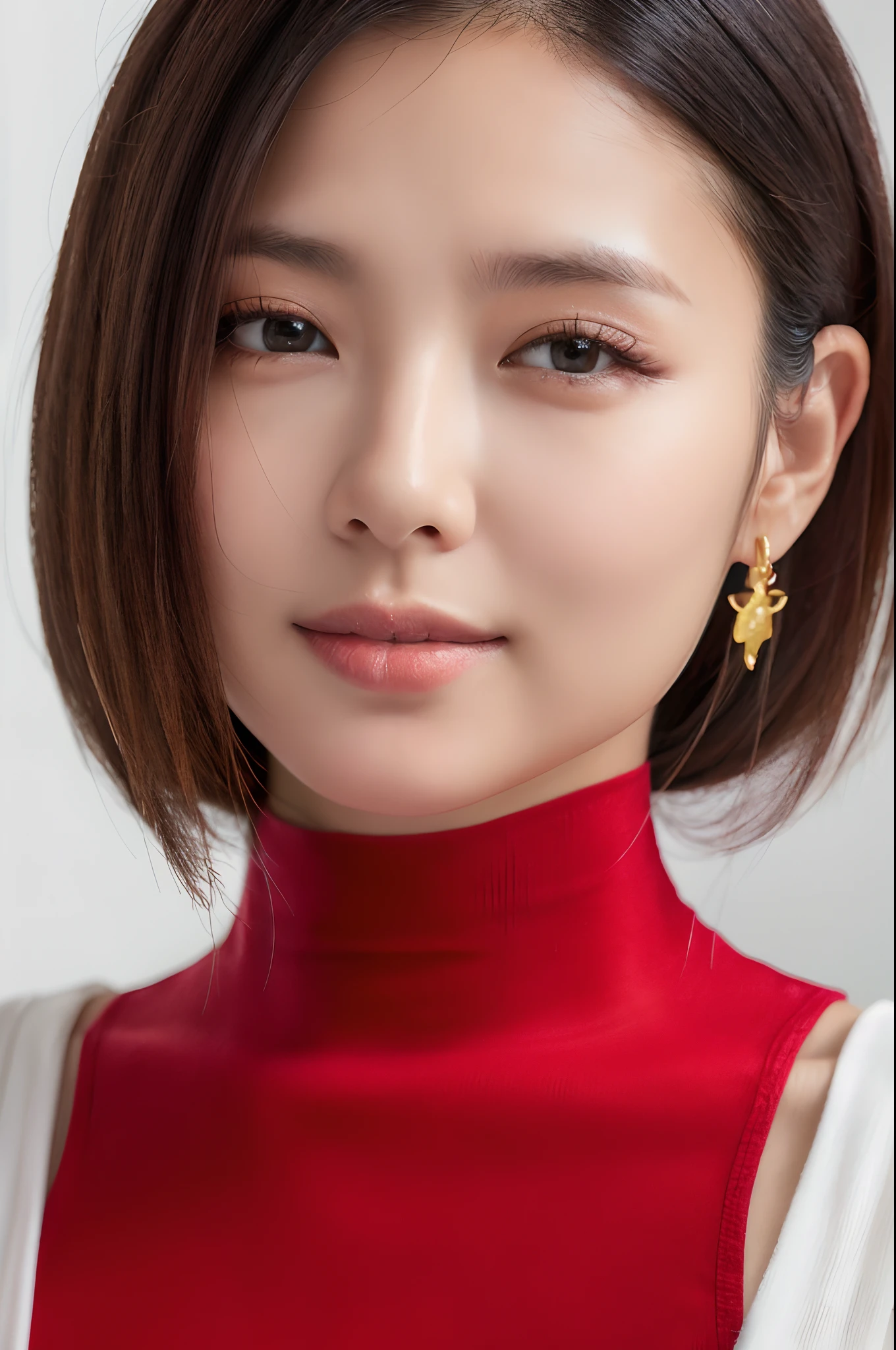 8K、ultra-high-resolution、Top image quality、masutepiece:1.2、RAW portrait of japanese girl、超A high resolution、top-quality、 (爆乳、:1.4)、(Off-white long tight skirt):1.6}、(Wearing a red sleeveless turtleneck:1.5)、(Inseam opening:1.5)、(fitting room:1.2) BREAK(natural skin textures、Detailed skin、Hyper-Realism、ultra sharpness)、intricate detailes、depth of fields、Sexy adult woman、Black hair shortcuts、toned buttocks、((​masterpiece、top-quality、High Detail))、(photoRealstic:1.4)、独奏、Close your mouth、smiling with pleasure、big eye、pronounced double eyelids、Lashes、the neck is long、Absolute area、Clean clavicle、The face is perfect、thin lipss、a small face、(Gaze towards the viewer、Highlights in the eyes、bright brown eyes、lipgloss)、