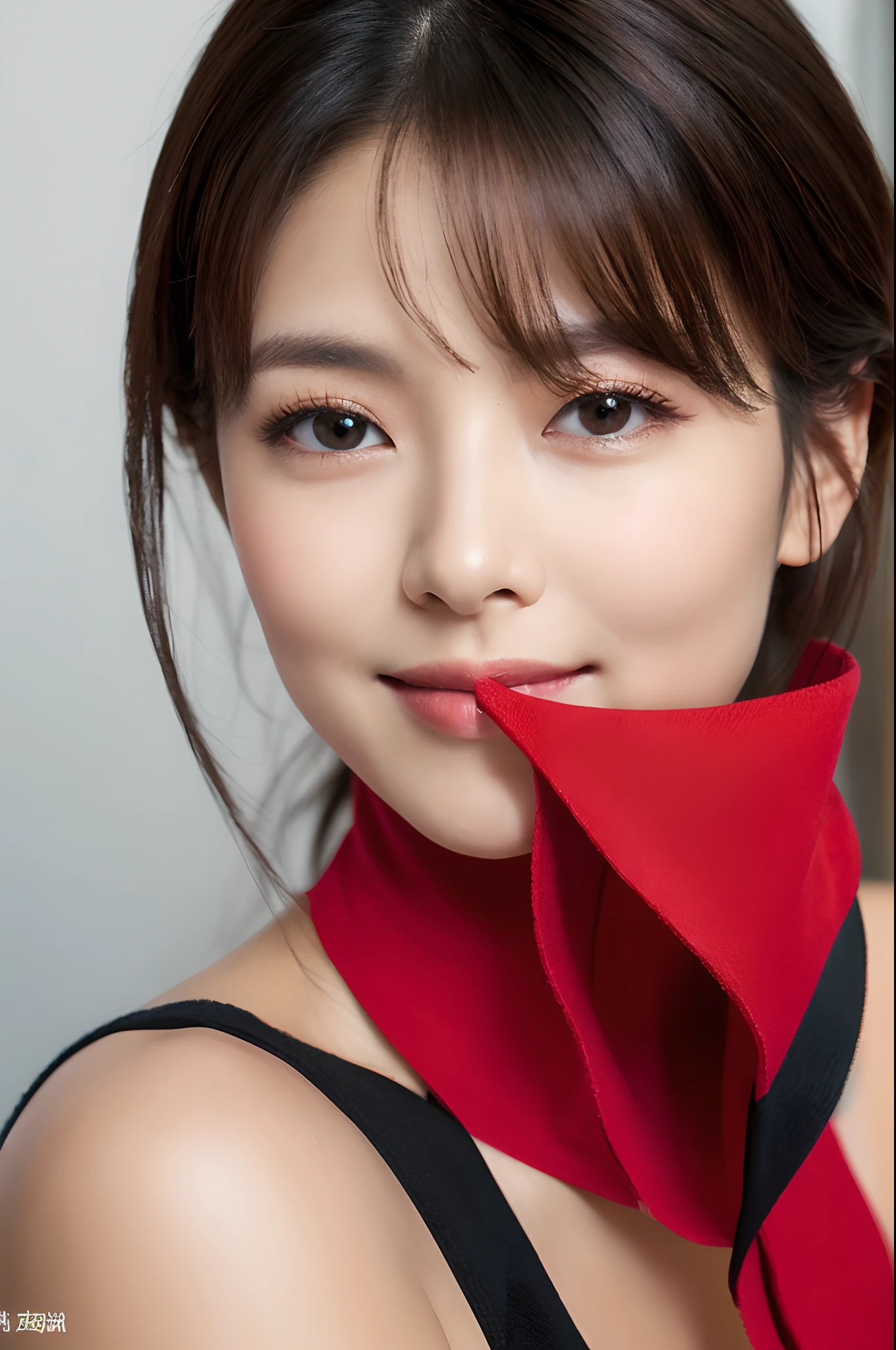 8K、ultra-high-resolution、Top image quality、masutepiece:1.2、RAW portrait of japanese girl、超A high resolution、top-quality、 (爆乳、:1.4)、(Off-white long tight skirt):1.6}、(Wearing a red sleeveless turtleneck:1.5)、(Inseam opening:1.5)、(fitting room:1.2) BREAK(natural skin textures、Detailed skin、Hyper-Realism、ultra sharpness)、intricate detailes、depth of fields、Sexy adult woman、Black hair shortcuts、toned buttocks、((​masterpiece、top-quality、High Detail))、(photoRealstic:1.4)、独奏、Close your mouth、smiling with pleasure、big eye、pronounced double eyelids、Lashes、the neck is long、Absolute area、Clean clavicle、The face is perfect、thin lipss、a small face、(Gaze towards the viewer、Highlights in the eyes、bright brown eyes、lipgloss)、