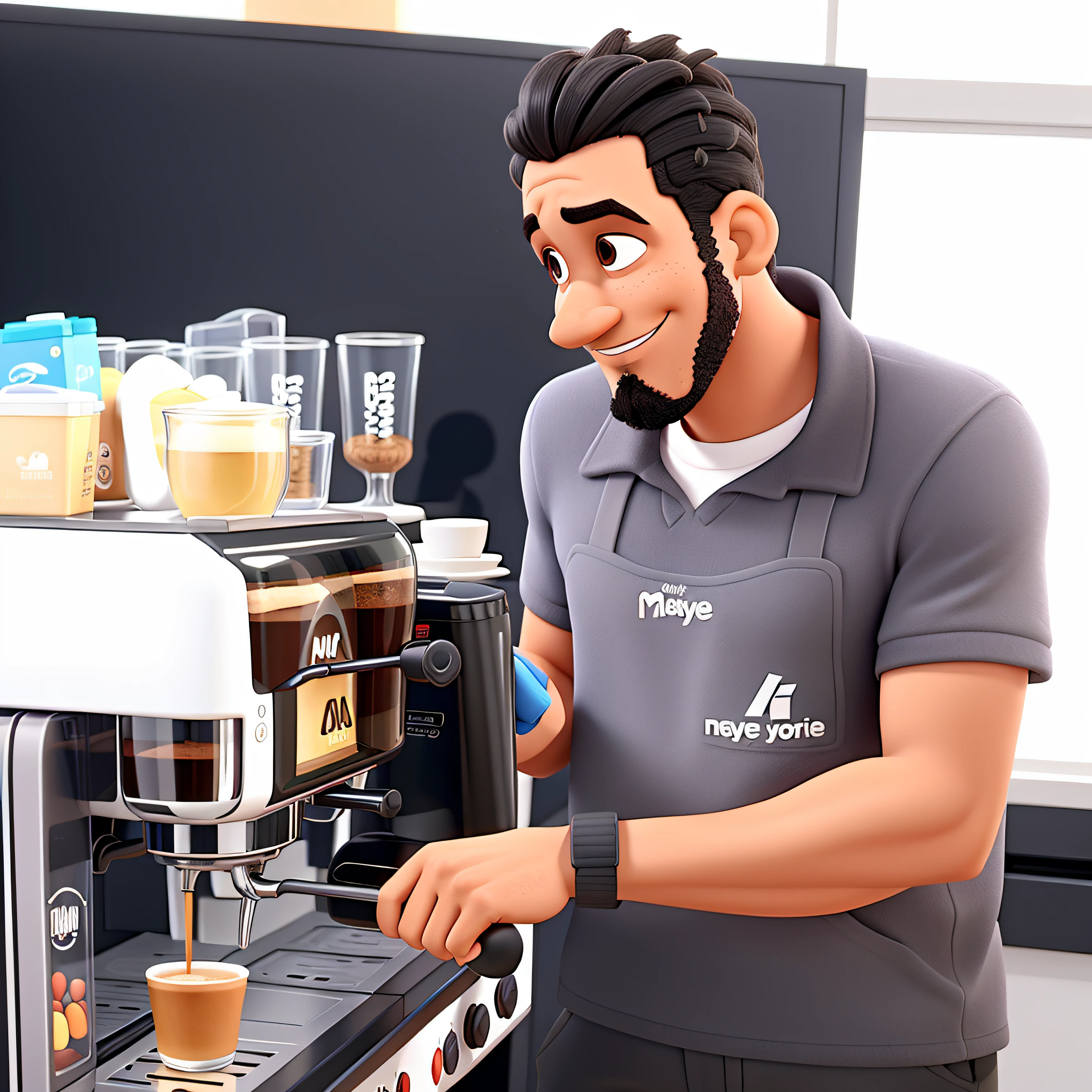 um homem negro estilo disney pixar, COFFEE MACHINE, alta qualidade, melhor qualidade,bigode