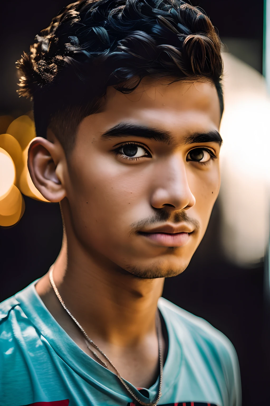 Um close-up de um adolescente moreno, cabelo grande com pontas marons claras, Contemporary clothing, fundo de uma cidade suburbio, bermuda jinx, olhos profundos, barba a raspada, camiseta sem manga apertada. 8k, uhd, severe low lighting, alta qualidade, foco nitido, fujifilm XT3
