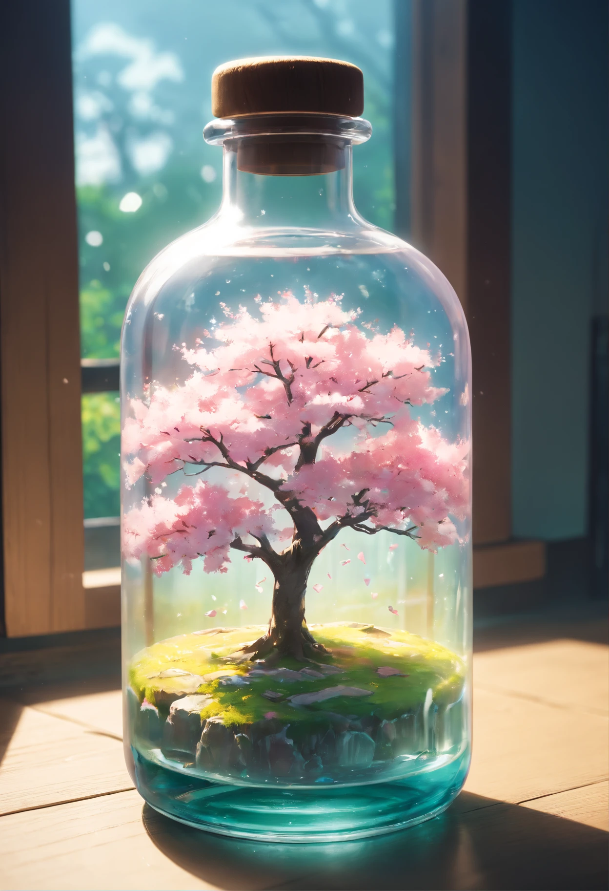 sakura tree in a bottle, fluffy, realistic, atmospheric light refraction, by lee jeffries nikon d850 film stock photograph 4 kodak portra 400 camera f1.6 lens rich colors hyper realistic lifelike texture dramatic lighting unreal engine trending on artstation cinestill 800, Style-Glass