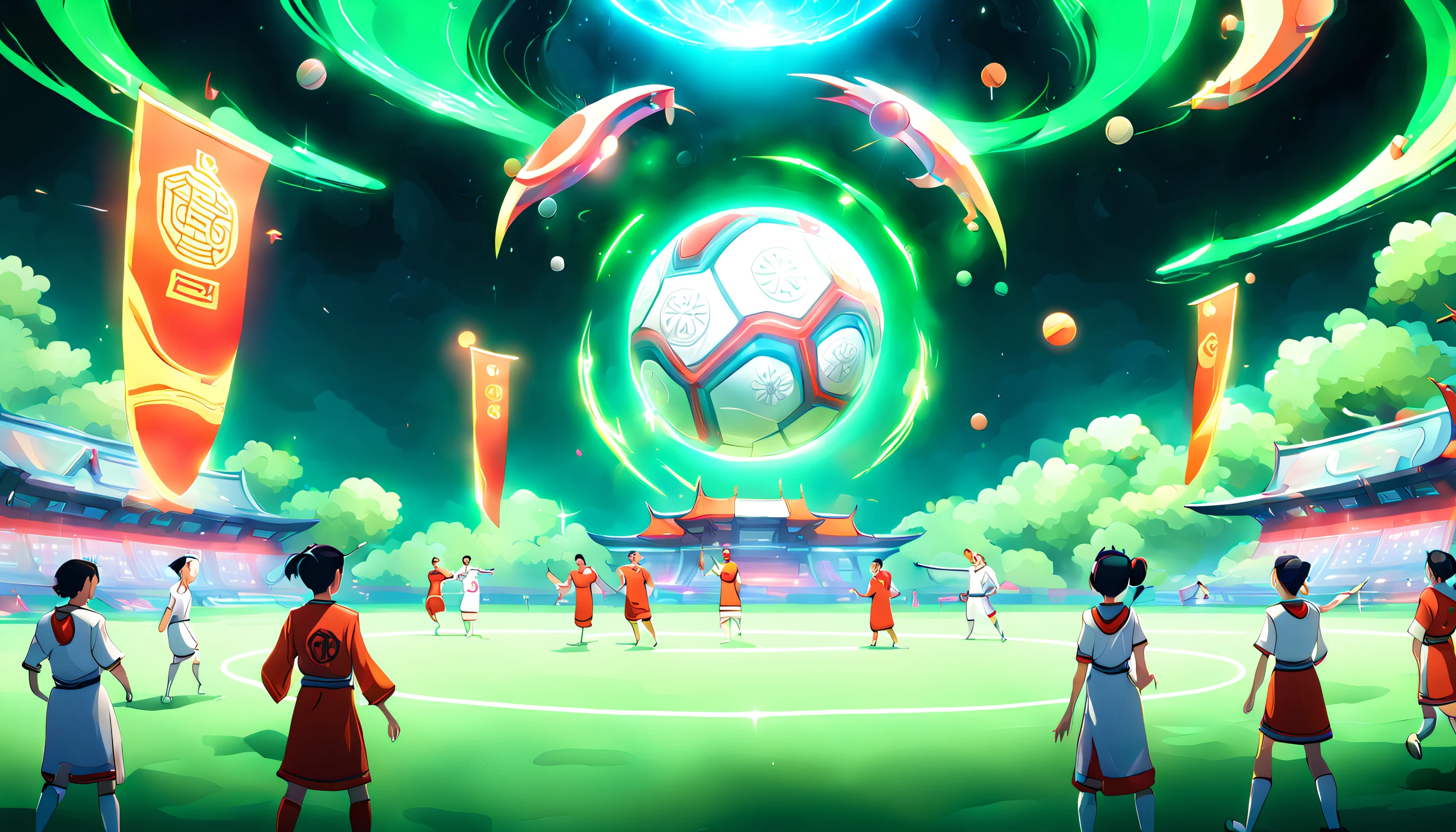 The scene takes place in a lush, vibrant landscape, where the combination of ancient and futuristic elements creates a unique, harmonious atmosphere. The colors used are rich and vivid, allowing the viewer to fully immerse themselves in this fascinating world. In the foreground, a group of skilled, diverse athletes from various time periods come together to engage in a thrilling game of cuju, an ancient Chinese soccer-like sport. They're dressed in a combination of traditional ancient Chinese clothing and futuristic sports gear, showcasing the best of both worlds. The game takes place on a high-tech, green, sustainable field with floating energy recharge platforms, interactive scoreboards, and advanced training equipment providing players with real-time feedback. The spectators are a blend of ancient and futuristic individuals, cheering the players on and celebrating the fusion of different eras. The final touch is a sky filled with celestial bodies, both familiar and fantastical, embodying the dreamlike quality of this ancient-future realm.