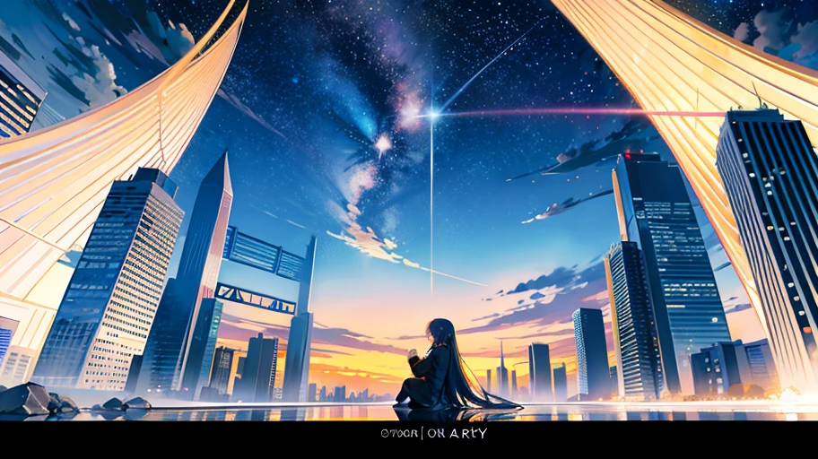 octans, sky, star (sky), scenery, starry sky, night, 1girl, night sky, solo, outdoors, building, cloud, milky way, sitting, tree, long hair, city, silhouette, cityscape