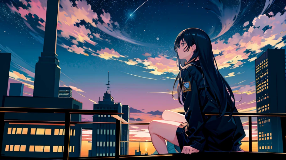 octans, sky, star (sky), scenery, starry sky, night, 1girl, night sky, solo, outdoors, building, cloud, milky way, sitting, tree, long hair, city, silhouette, cityscape