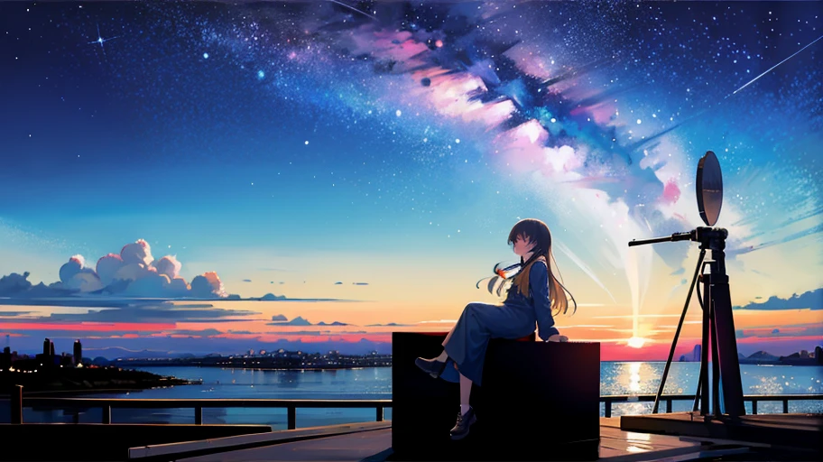 octans, sky, star (sky), scenery, starry sky, night, 1girl, night sky, solo, outdoors, building, cloud, milky way, sitting, tree, long hair, city, silhouette, cityscape