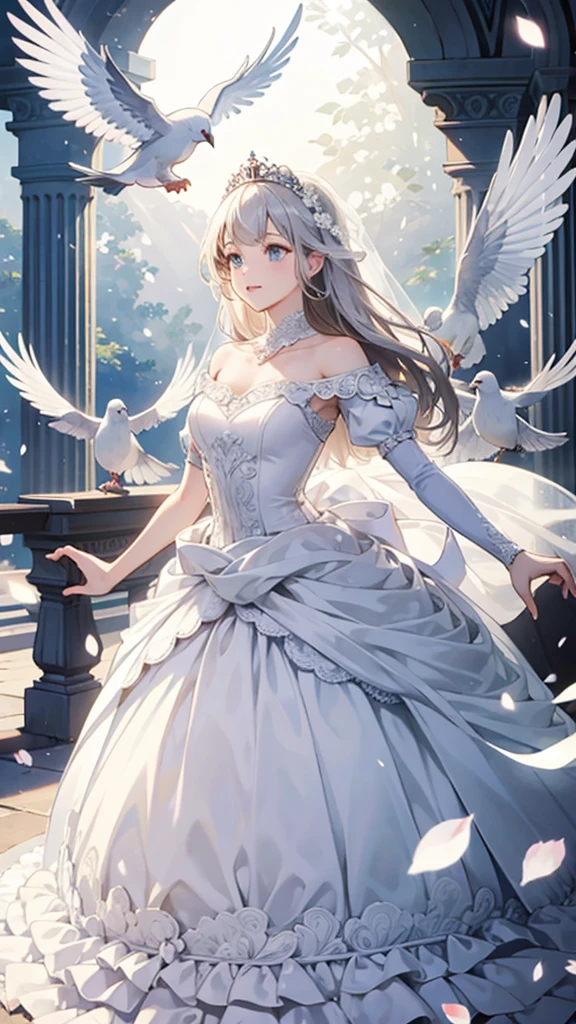 ((best quality)), ((masterpiece))  WEDDING PRINCESS DRESS, light ray, lens flare, white petals, doves