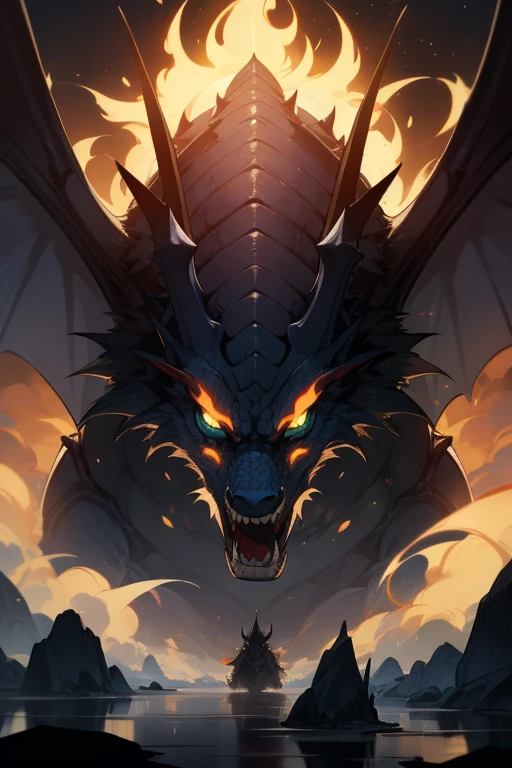 "Immerse yourself in the awe-inspiring grandeur of an enigmatic dragon bathed in the ethereal glow of hellish flames, How ancient symbols channel their mystical power,DEUS,em"