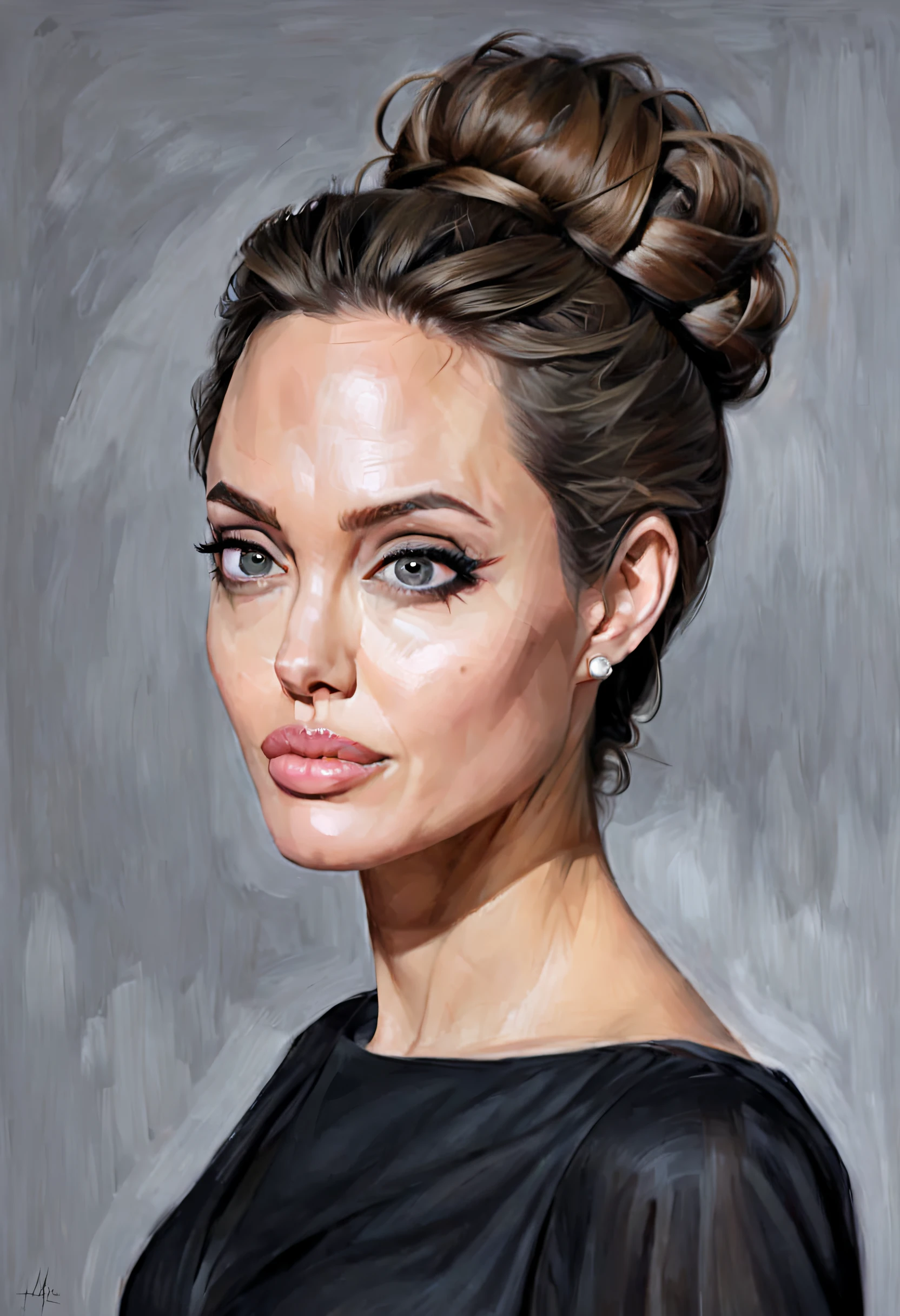AngelinaJolie, (art by Kubisi Art:0.7) , (art by Tom McGuinness:0.9) , [portrait,close up of a Scandinavian Girl, Directing a TV show, Masculine Pose, Vile hair styled as Chignon, Hopeful, L USM::8],
