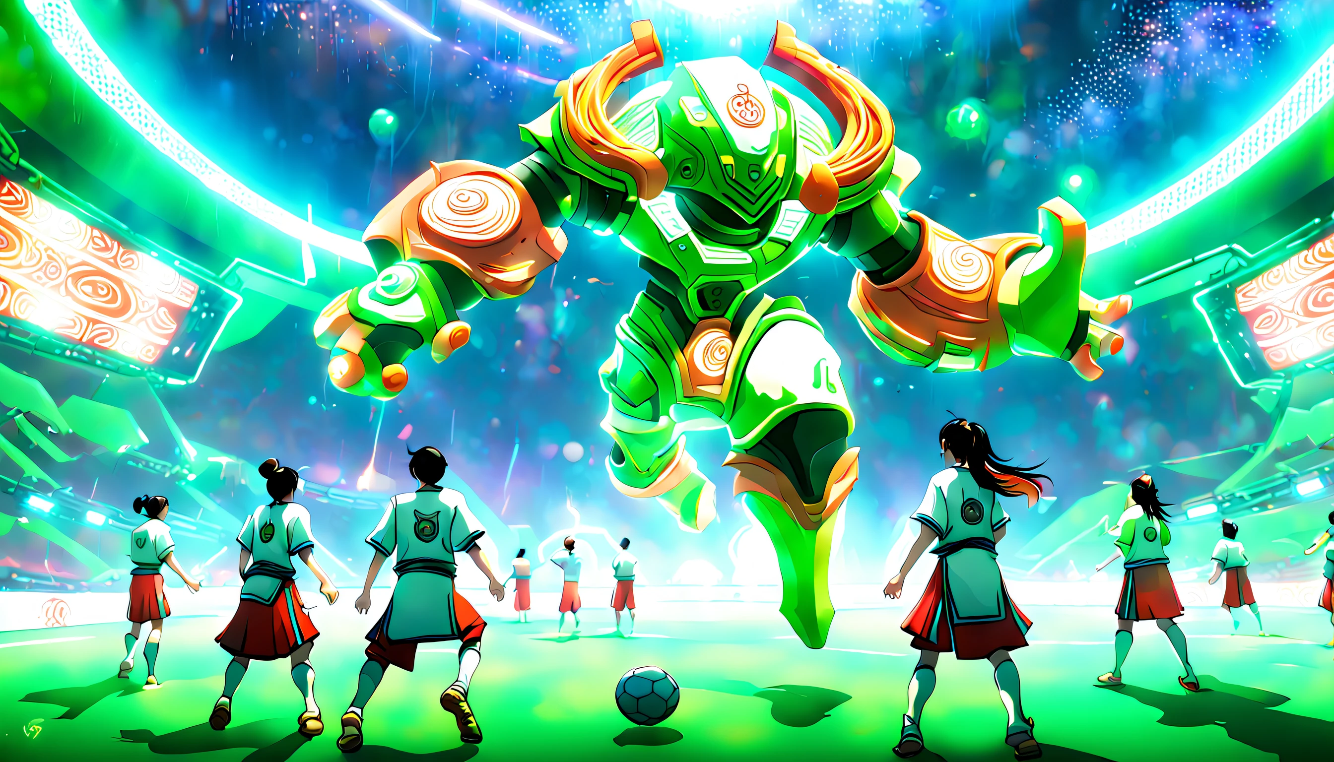 The scene takes place in a lush, vibrant landscape, where the combination of ancient and futuristic elements creates a unique, harmonious atmosphere. The colors used are rich and vivid, allowing the viewer to fully immerse themselves in this fascinating world. In the foreground, a group of skilled, diverse athletes from various time periods come together to engage in a thrilling game of cuju, an ancient Chinese soccer-like sport. They're dressed in a combination of traditional ancient Chinese clothing and futuristic sports gear, showcasing the best of both worlds. The game takes place on a high-tech, green, sustainable field with floating energy recharge platforms, interactive scoreboards, and advanced training equipment providing players with real-time feedback. The spectators are a blend of ancient and futuristic individuals, cheering the players on and celebrating the fusion of different eras. The final touch is a sky filled with celestial bodies, both familiar and fantastical, embodying the dreamlike quality of this ancient-future realm.