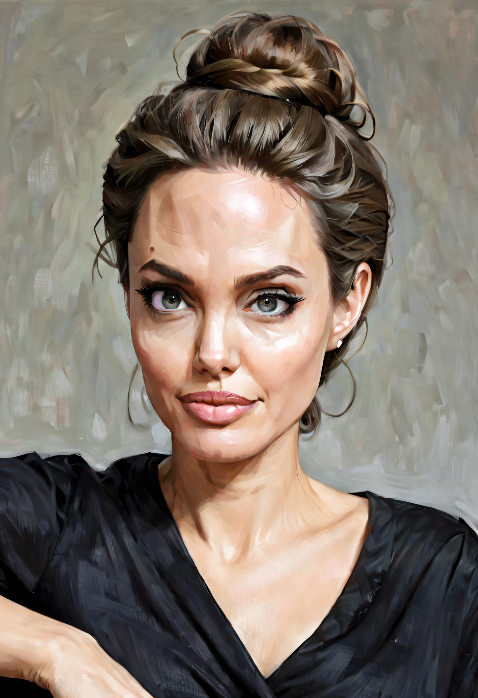AngelinaJolie, (art by Kubisi Art:0.7) , (art by Tom McGuinness:0.9) , [portrait,close up of a Scandinavian Girl, Directing a TV show, Masculine Pose, Vile hair styled as Chignon, Hopeful, L USM::8],