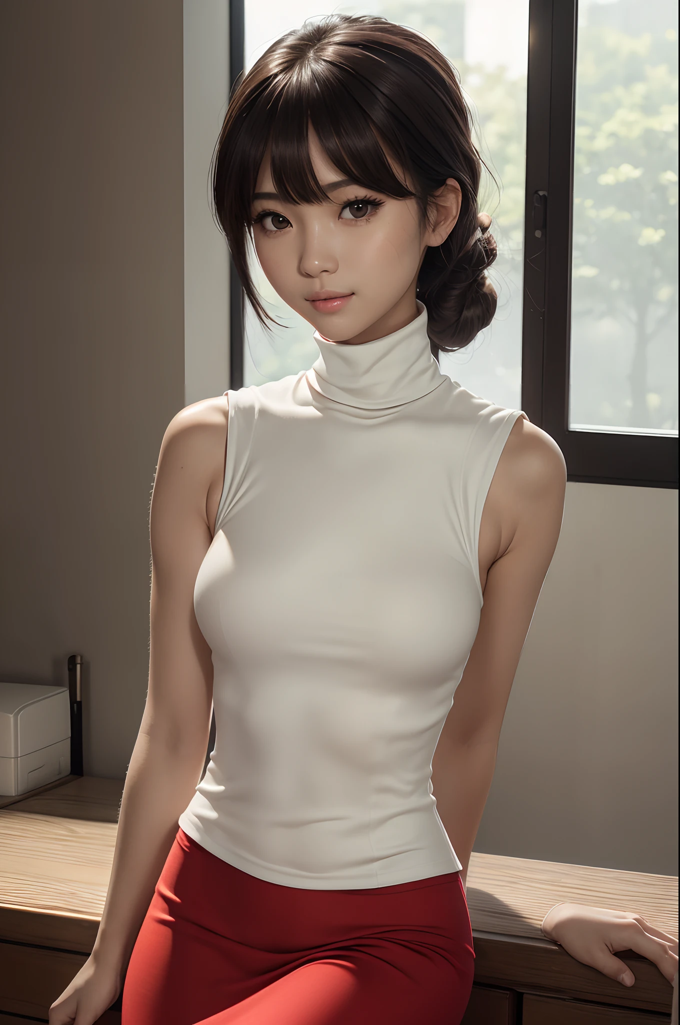 8K、ultra-high-resolution、Top image quality、masutepiece:1.2、RAW portrait of japanese girl、超A high resolution、top-quality、 (爆乳、:1.4)、(Off-white long tight skirt):1.6}、(Sexy red sleeveless turtleneck wearing:1.5)、(Inseam opening:1.5)、(fitting room:1.2) BREAK(natural skin textures、Detailed skin、Hyper-Realism、ultra sharpness)、intricate detailes、depth of fields、Sexy adult woman、Black hair shortcuts、toned buttocks、((masterpiece、top-quality、High Detail))、(photoRealstic:1.4)、独奏、Close your mouth、smiling with pleasure、big eye、pronounced double eyelids、Lashes、the neck is long、Absolute area、Clean clavicle、The face is perfect、thin lipss、a small face、(Gaze towards the viewer、Highlights in the eyes、bright brown eyes、lipgloss)、enticing,sexy pose,