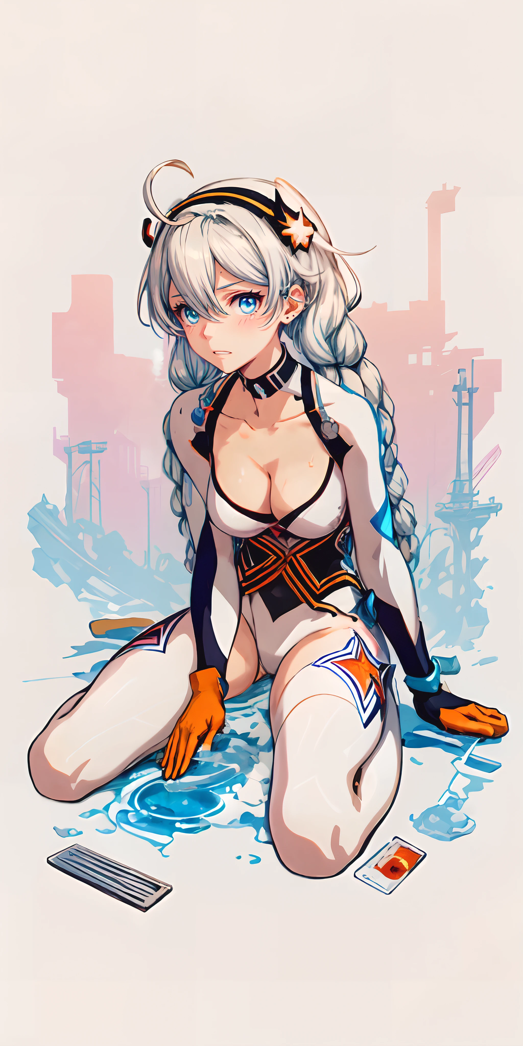 kiana, twin braids, hairband, sweating, glowing eyes, heavy breathing, 1girl, breasts, gloves, sitting, solo, wet_clothes, wet, cleavage, belt, large_breasts, black_gloves, fingerless_gloves, bangs,  seiza, blush, closed_mouth, warizae, "Vector art, Vivid colors, Clean lines, Sharp edges, Minimalist, Precise geometry, Simplistic, Smooth curves, Bold outlines, Crisp shapes, Flat colors, Illustration art piece, High contrast shadows, Technical illustration, Graphic design, Vector graphics, High contrast, Precision artwork, Linear compositions, Scalable artwork, Digital art",