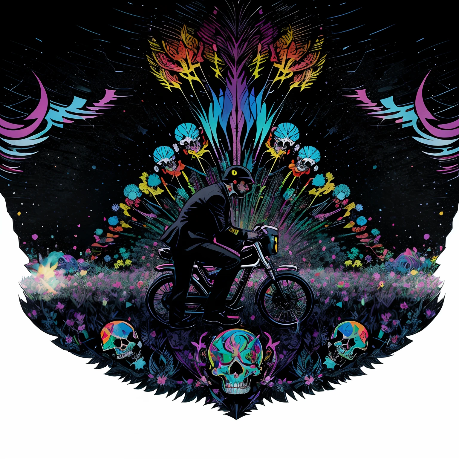 Skulls wearing black suits and ties riding on bikes going up a hill. Psychedelics A cool vector  design in the Creative design style  bright and vibrant colors, appropriate to the scene, dynamic design, stickers, strong lines, White background transparent , Print-ready, high-quality, highly detailed, 4K resolution