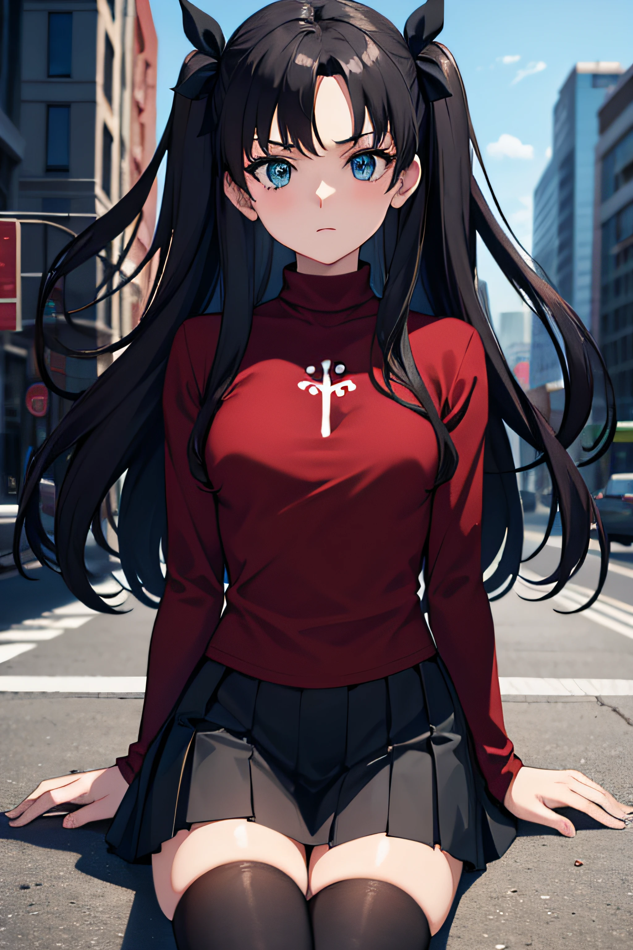 (masterpiece), best quality, expressive eyes, perfect face, 1girl, solo, rintohsaka, rin tohsaka, aqua eyes, black hair, hair ribbon, long hair, ribbon, sidelocks, two side up, black skirt, black thighhighs, long sleeves, miniskirt, pleated skirt, ((red sweater)), skirt, sweater, thighhighs, turtleneck, city background, sitting, character sheet, upper body, portrait, looking at viewer