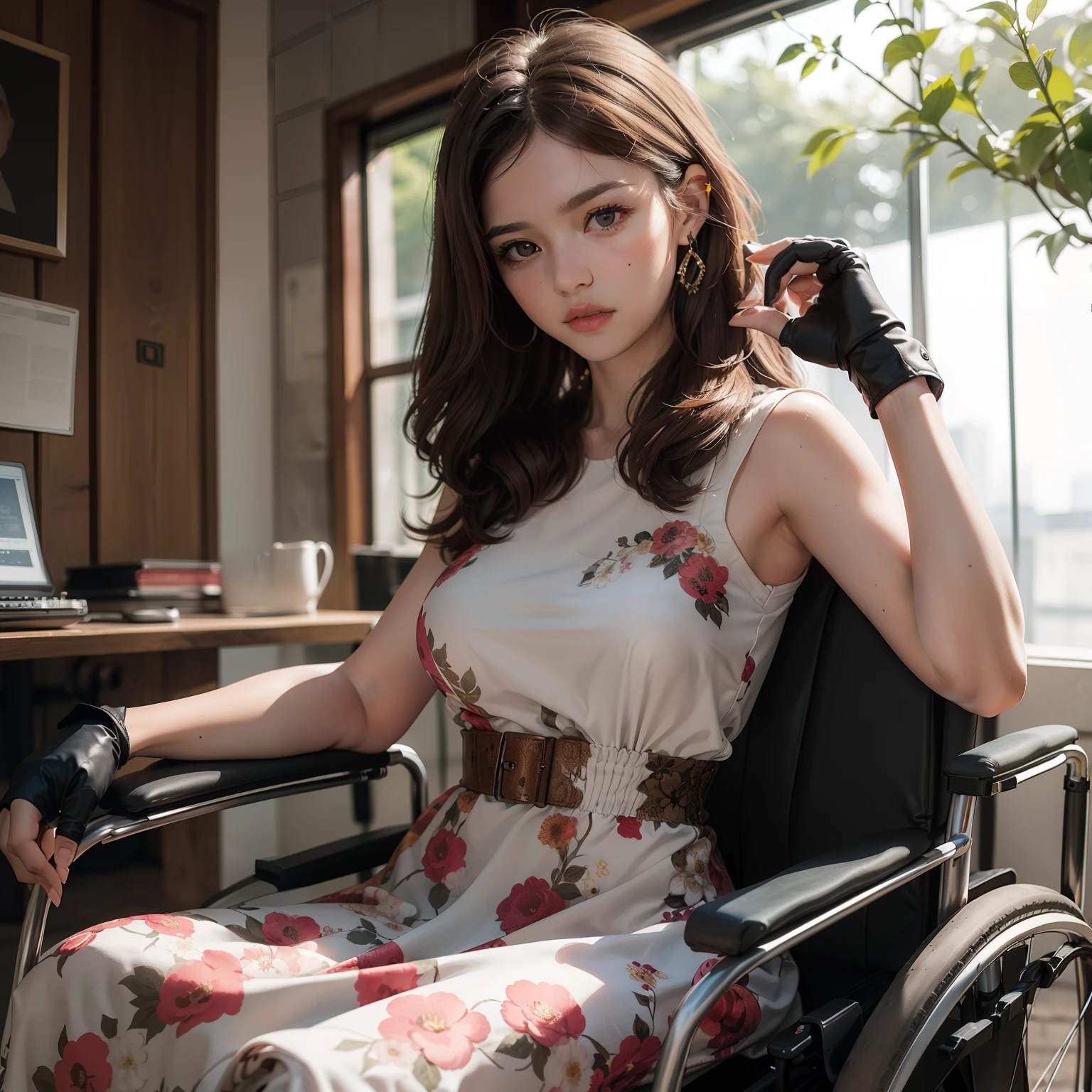 (Slender woman with round face and brown hair sitting in a wheelchair: 1.8) (She wears a floral dress、Sitting in a wheelchair with a large backrest: 1.7) (She wears black open-finger gloves: 1.8) (Upper body visible, He looks a little troubled: 1.6)