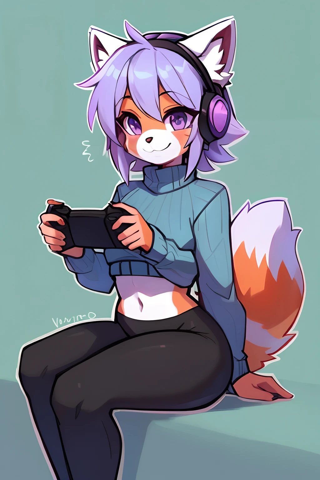 Anthro Red Panda boy with gaming headset and gaming controller, Lavender hair, Violet eyes, teal Cropped sweater, black yoga pants, Long floofy tail