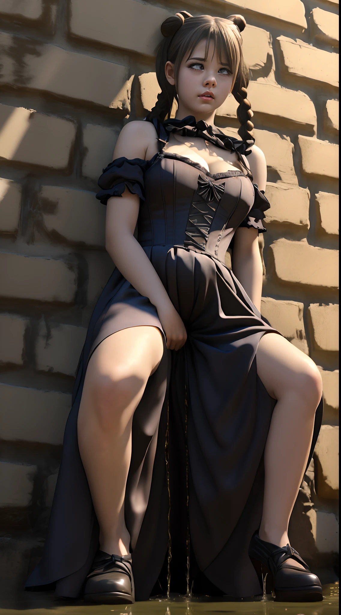 16k resolution, beautiful supermodel, highres, RAW photo, absurdres, full body portrait, Masterpiece, best quality, (very detailed CG Unity 16k wallpaper), (best quality), (best illustration), (best shadow), beautiful woman Forced to pee herself leaning against the wall, waiting in long line for the bathroom (grasping sides of ballgown skirt curtsy: 1.7), defeated accepting the inevitable peeing herself (pees herself waiting in line: 1.5) (pee runs down front of ballgown: 1.8) (puddle forming under ballgown:1.4), satin gothic long calf length pleated puffy ballgown skirt (satin gothic pleated puffy ballgown: 1.8) (large breasts: 1.6) (corset halter: 1.5), long braided pigtails, sadness, red lips, embarrassed, blushing, ashamed, silently crying, (legs crossed trying to close her pee hole: 1.8),