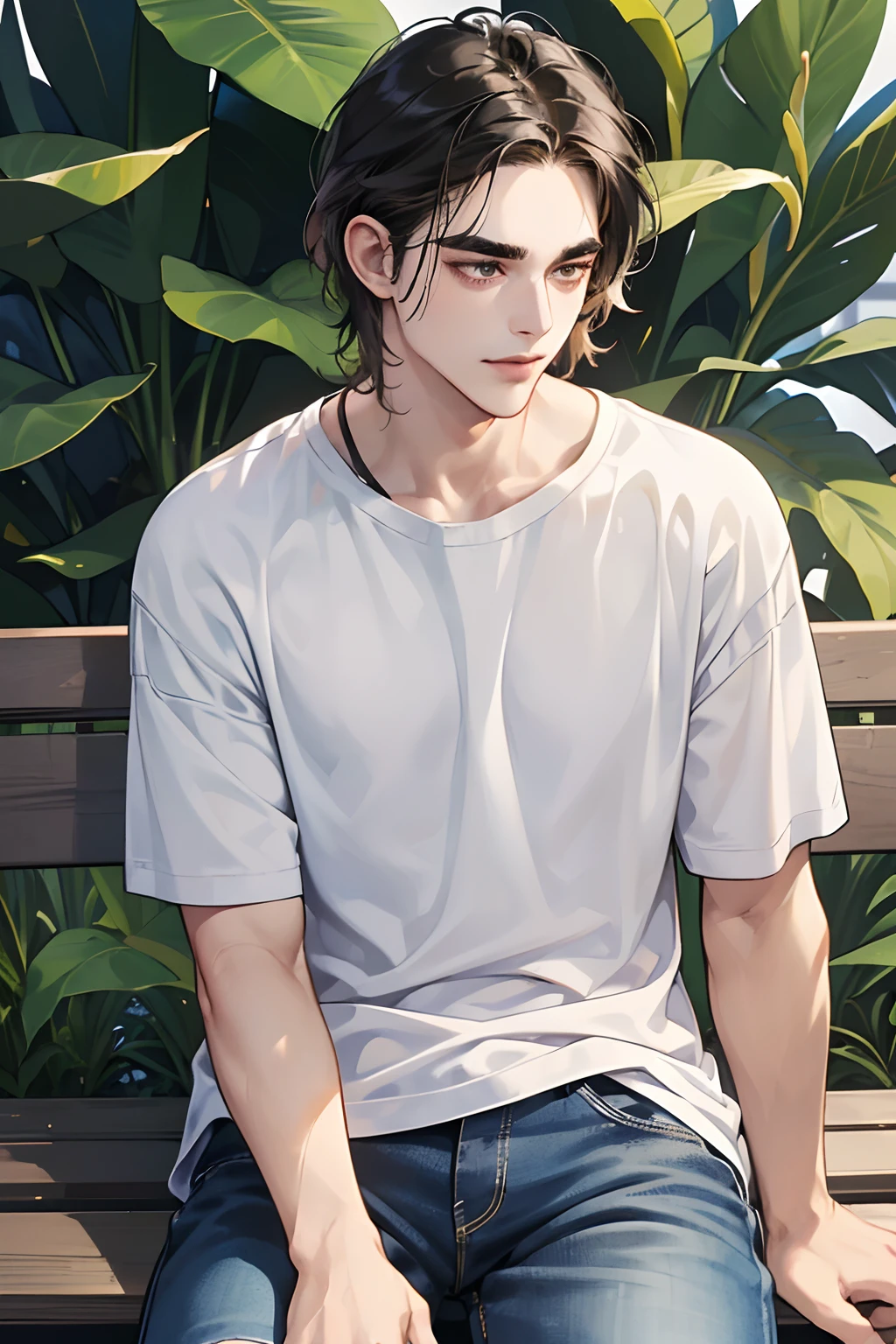 (masutepiece, Digital Art, Digital Illustration, 4K, 8K, Ultra-detailed, beautiful image, Sharp Image, Photorealistic, Raw photo, Perfect face, Perfect lines, Perfect eyes, Soft lighting) 1 male human, (A dark-haired,Ragged hair、hair between eye,hair messy,Medium Hair,deadpan,Lowered eyebrows,Parallel eyebrows,Narrow-eyed,drooing eyes,kindly smile,ember,28 years old:1.3),Handsome men, (ember,Man in a simple white t-shirt,Loose-fitting round neck shirt,Thin macho,Firm shoulder width,Adult male:1.2),Sunny Park,Benches,sit on a bench,Loose-fitting skinny denim,Oversized hoodies,a plant,blue open sky,Sleepy face,Frantically opening your eyes,Troubled face