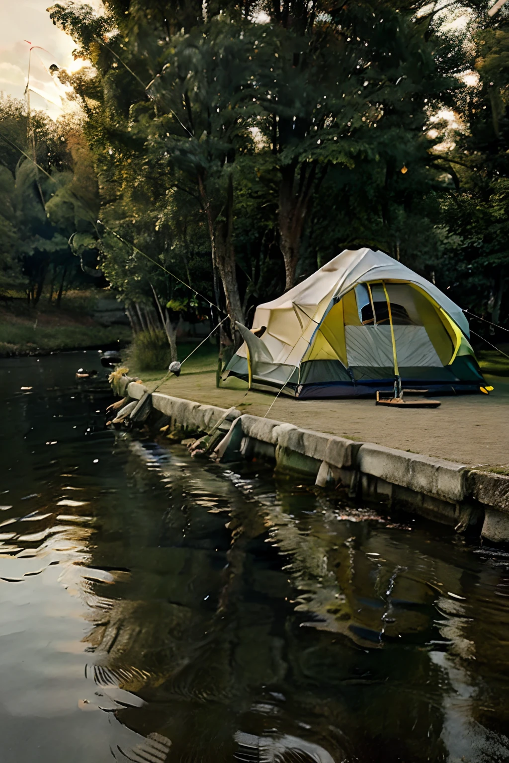 A tent and fishing rods by the riverbank background