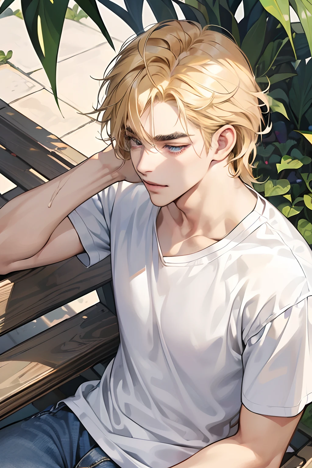 (masutepiece, Digital Art, Digital Illustration, 4K, 8K, Ultra-detailed, beautiful image, Sharp Image, Photorealistic, Raw photo, Perfect face, Perfect lines, Perfect eyes, Soft lighting) 1 male human, (a blond,Ragged hair、hair between eye,messy hair,Medium Hair,deadpan,Lowered eyebrows,Parallel eyebrows,Narrow-eyed,drooing eyes,kindly smile,ember,28 years old:1.3),Handsome men, (ember,Man in a simple white t-shirt,Loose-fitting round neck shirt,Thin macho,Firm shoulder width,Adult male:1.2),Sunny Park,Benches,sit on a bench,Loose-fitting skinny denim,Oversized hoodies,a plant,blue open sky,Sleepy face,Frantically opening your eyes,Troubled face