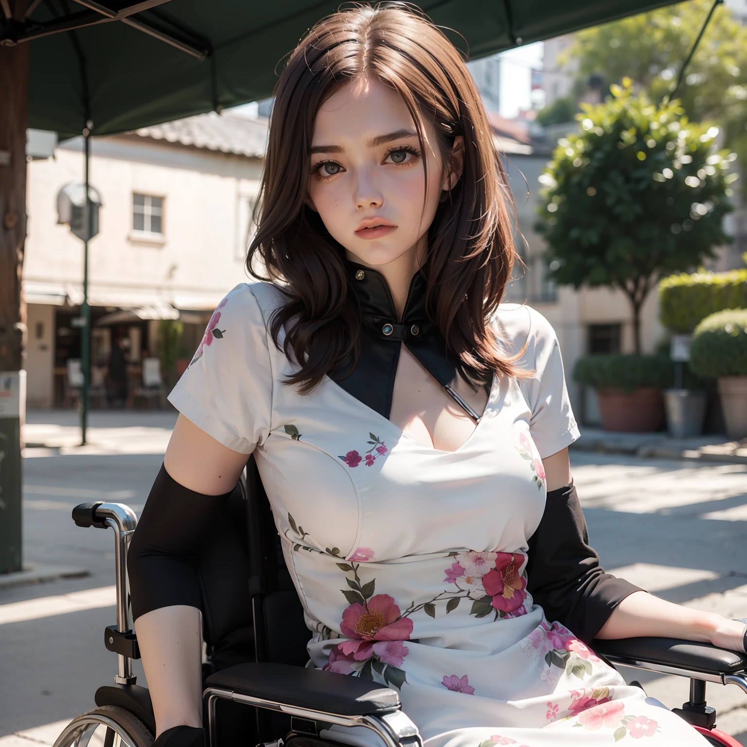 (Slender woman with round face and brown hair sitting in a wheelchair: 1.8) (She wears a floral dress、Sitting in a wheelchair with a large backrest: 1.7) (She wears black open-finger gloves: 1.8) (Upper body visible, He looks a little troubled: 1.6)