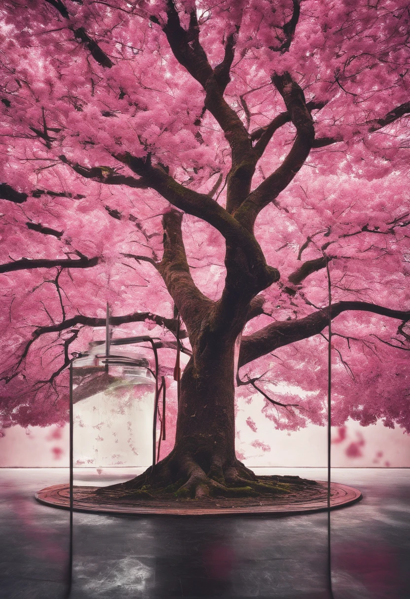 sakura tree in a bottle, fluffy, realistic, atmospheric light refraction, by lee jeffries nikon d850 film stock photograph 4 kodak portra 400 camera f1.6 lens rich colors hyper realistic lifelike texture dramatic lighting unreal engine trending on artstation cinestill 800, Style-Glass