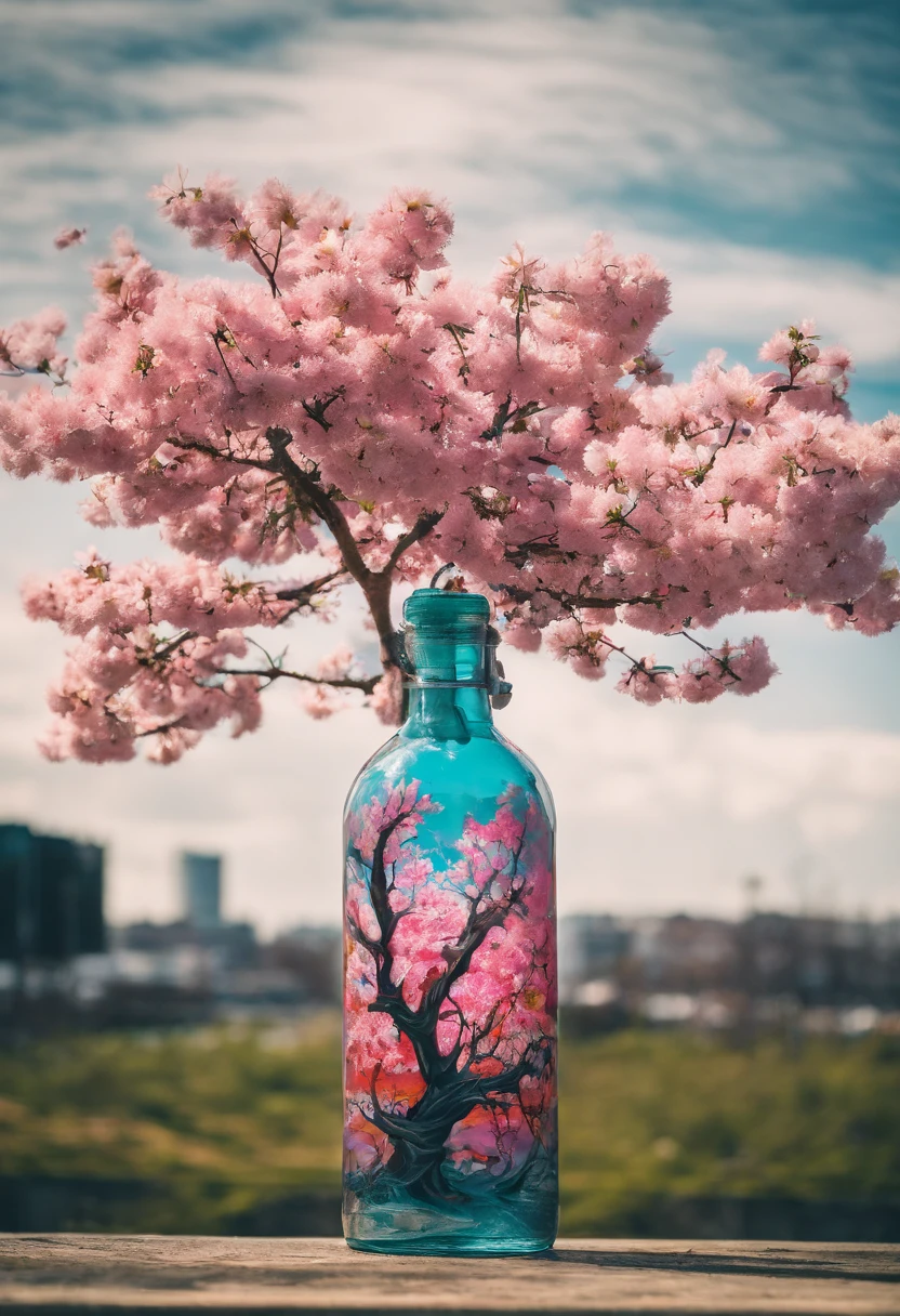 sakura tree in a bottle, fluffy, realistic, atmospheric light refraction, by lee jeffries nikon d850 film stock photograph 4 kodak portra 400 camera f1.6 lens rich colors hyper realistic lifelike texture dramatic lighting unreal engine trending on artstation cinestill 800, Style-Glass
