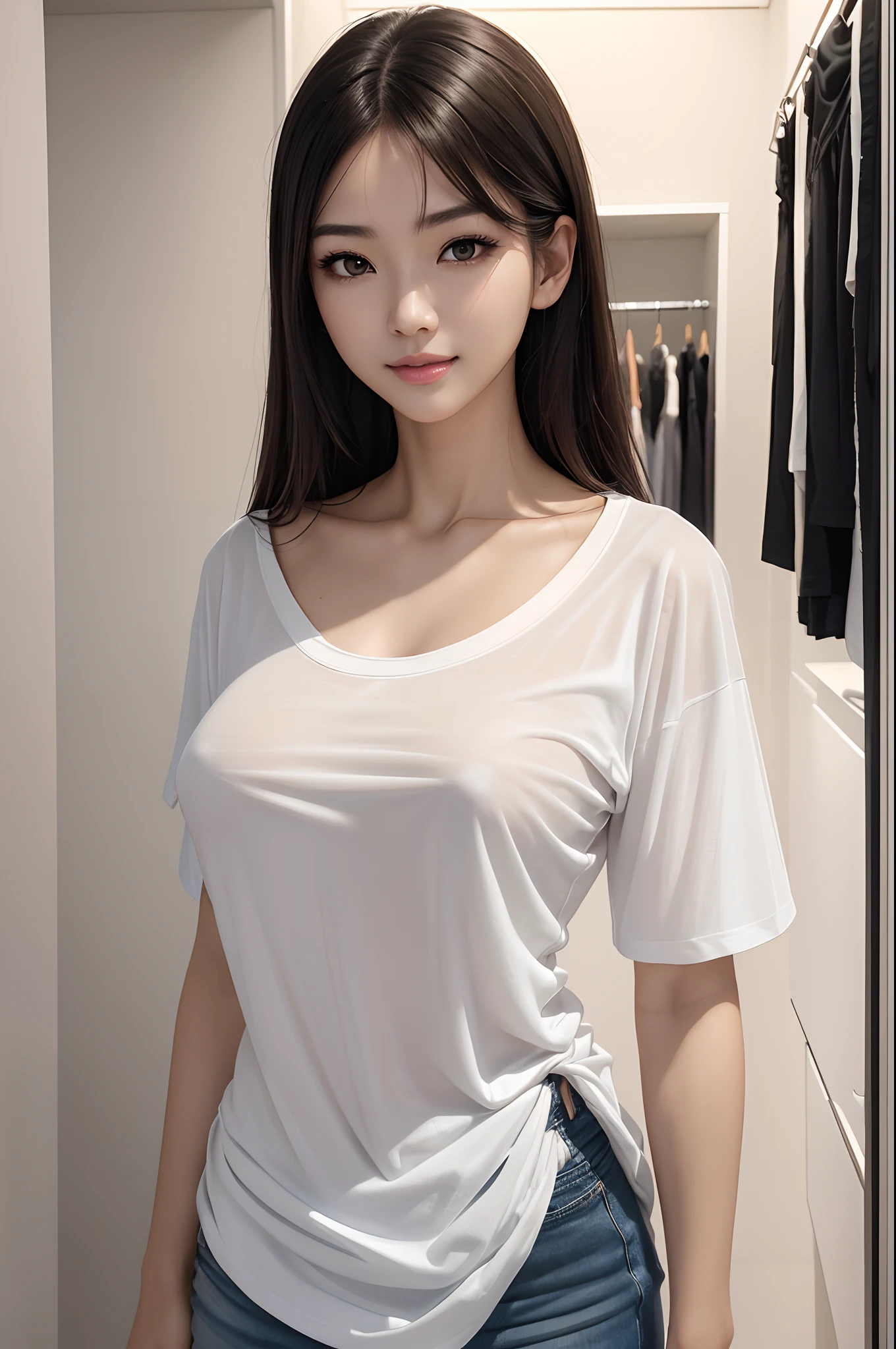8K、ultra-high-resolution、Top image quality、masutepiece:1.2、RAW portrait of Japan、超A high resolution、top-quality、 (爆乳、:1.4)、(Off-white long tight skirt):1.6}、(Wearing a sexy t-shirt:1.5)、(Inseam opening:1.5)、(fitting room:1.2) BREAK(natural skin textures、Detailed skin、Hyper-Realism、ultra sharpness)、intricate detailes、depth of fields、Sexy adult woman、Black hair shortcuts、toned buttocks、((masterpiece、top-quality、High Detail))、(photoRealstic:1.4)、独奏、Close your mouth、smiling with pleasure、big eye、pronounced double eyelids、Lashes、the neck is long、Absolute area、Clean clavicle、The face is perfect、thin lipss、a small face、(Gaze towards the viewer、Highlights in the eyes、bright brown eyes、lipgloss)、enticing,sexy pose,